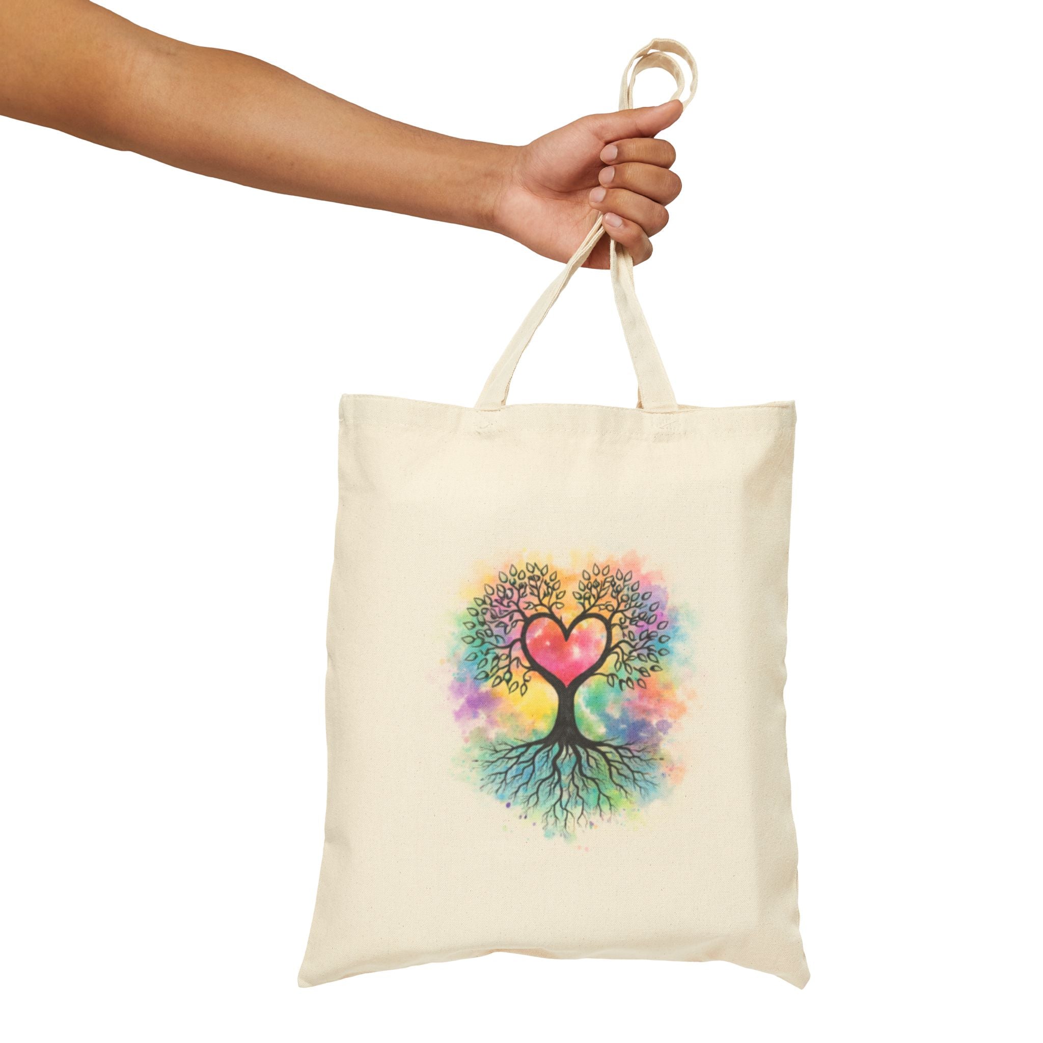 Rainbow Heart Tree Tote Bag | Cotton Canvas Tote, Boho Nature Design