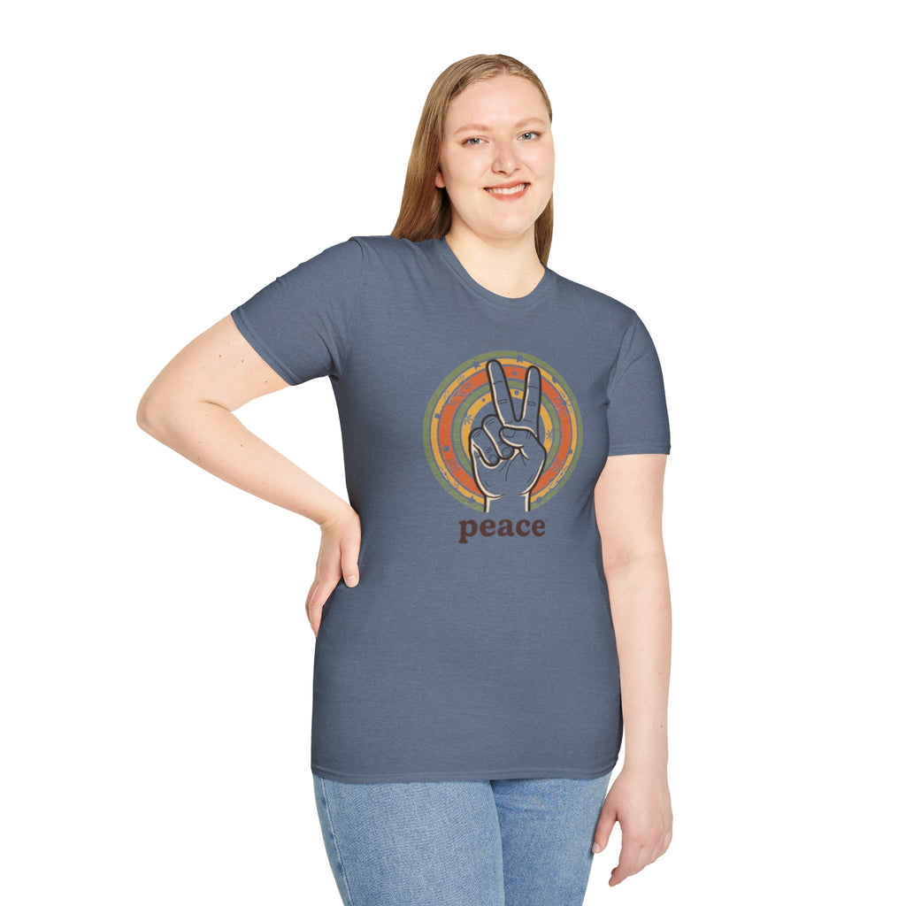 Peace Hand Sign T-Shirt | Retro Rainbow Circle, Vintage Hippie Vibe