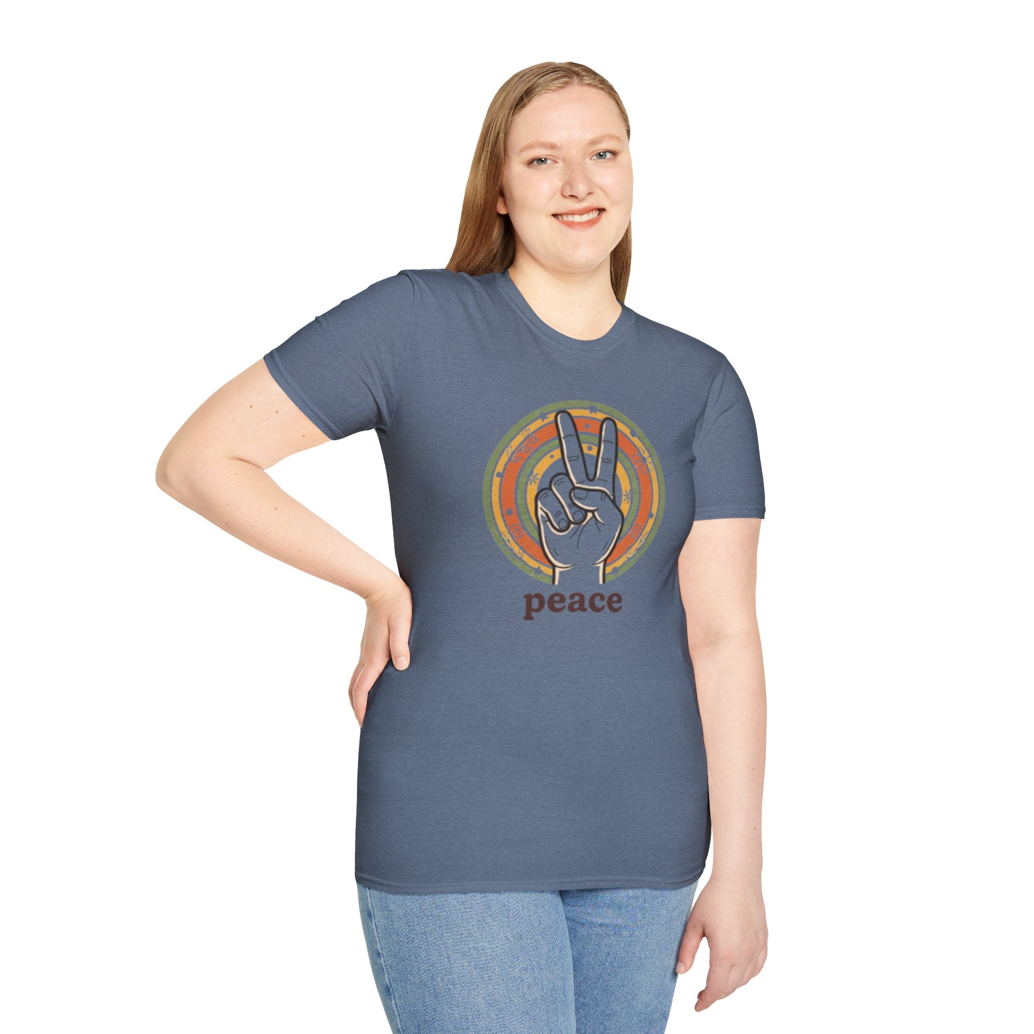 Peace Hand Sign T-Shirt | Retro Rainbow Circle, Vintage Hippie Vibe