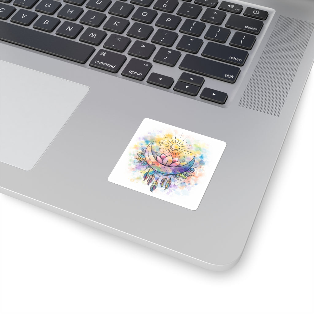 Watercolor Crescent Moon Lotus Sticker | Boho Dreamcatcher Square Sticker