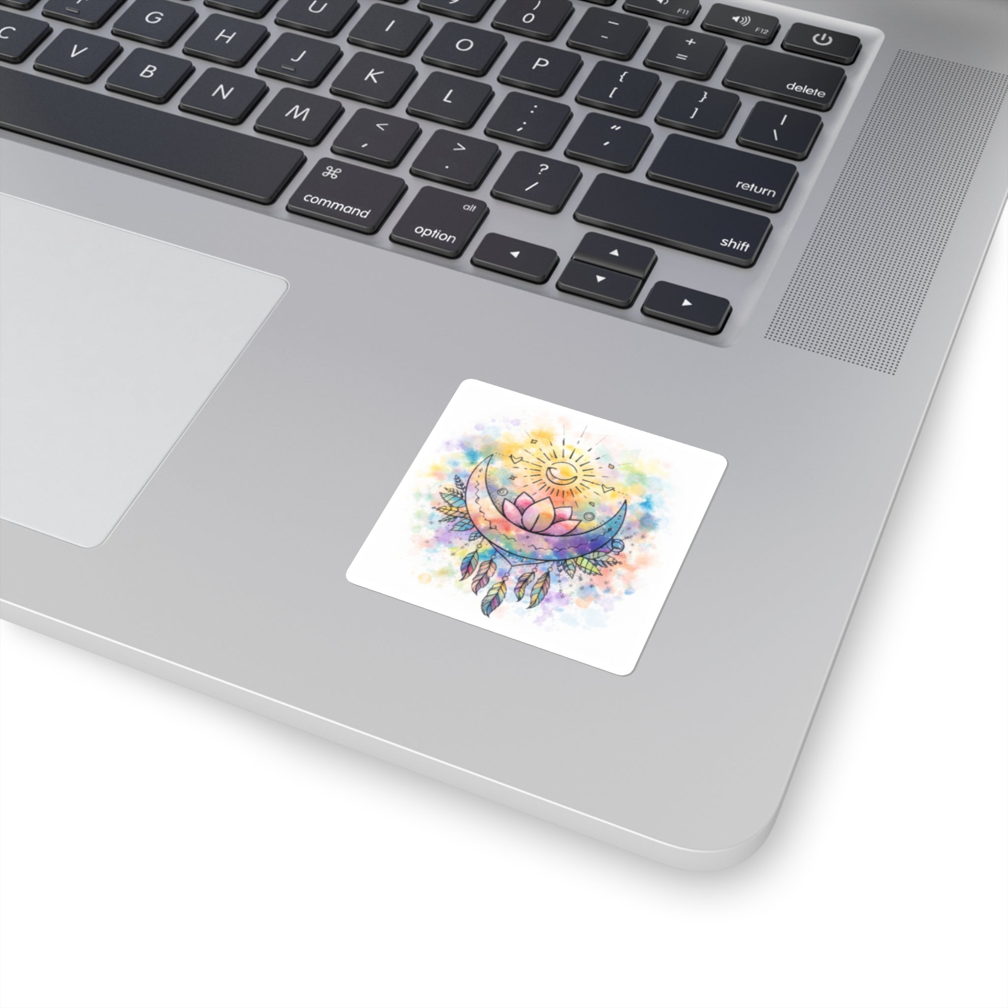 Watercolor Crescent Moon Lotus Sticker | Boho Dreamcatcher Square Sticker
