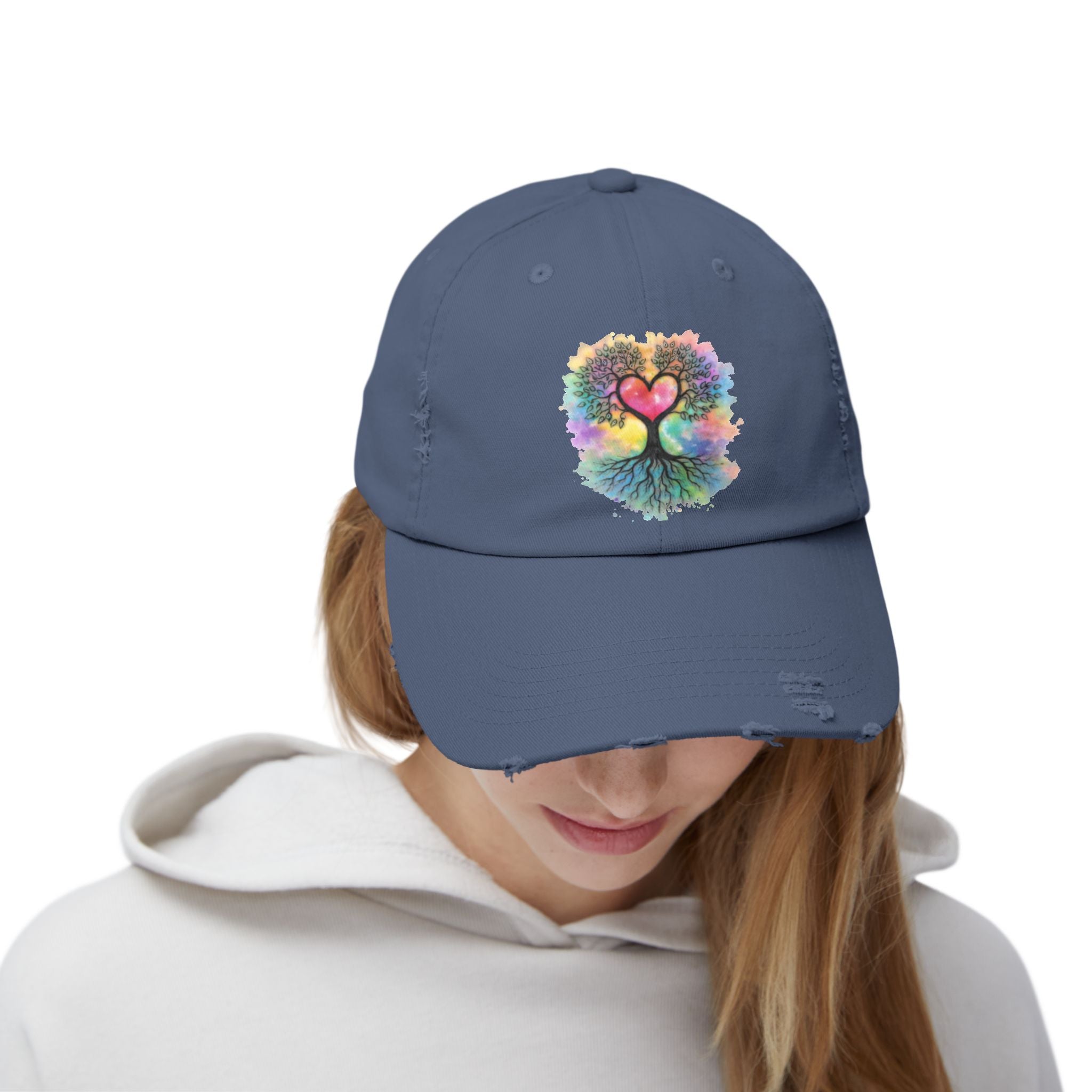 Distressed Dad Hat with Colorful Heart Tree Of Life  Design — Boho Love Cap