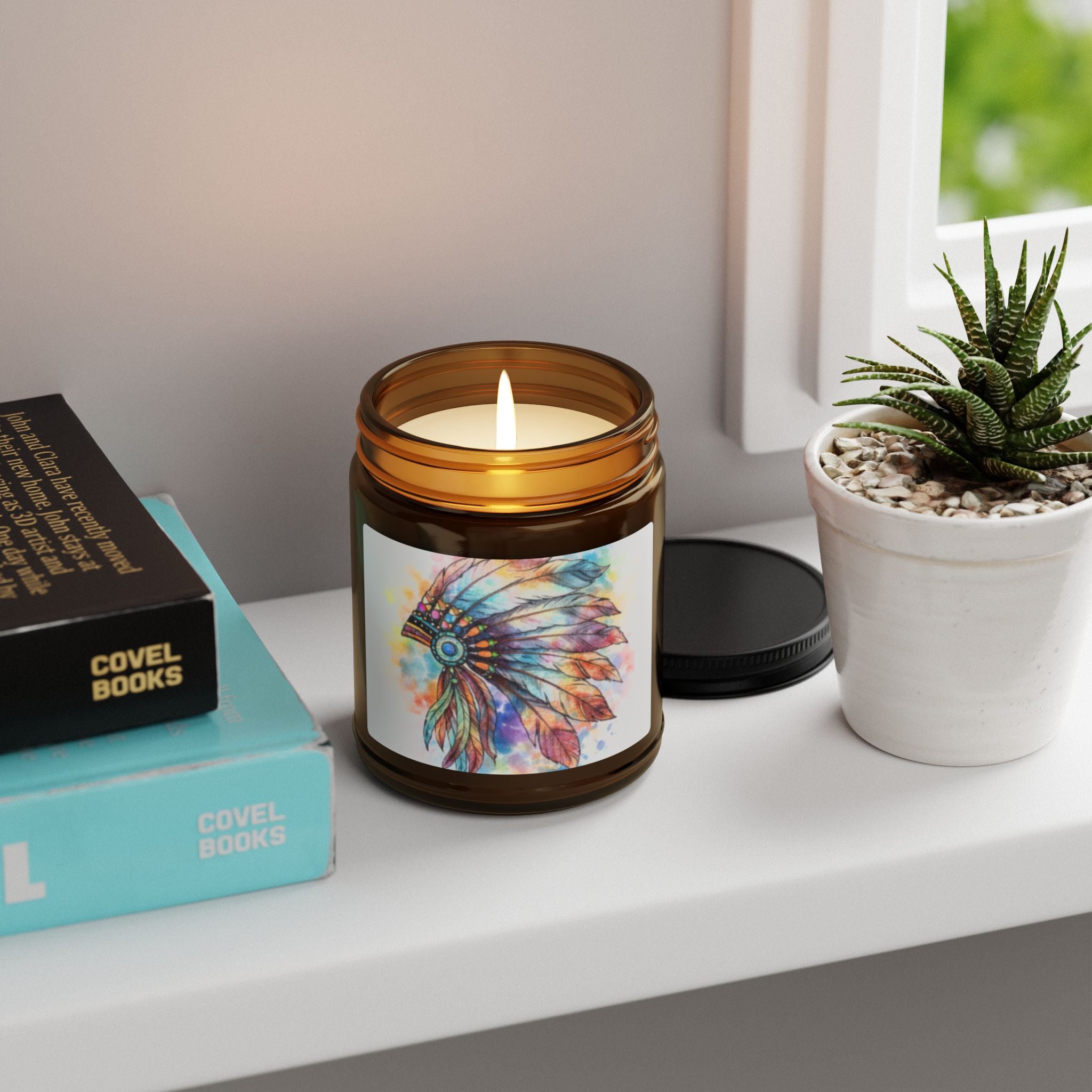 Watercolor Feather Headdress Soy Candle — Amber Jar (Scented)