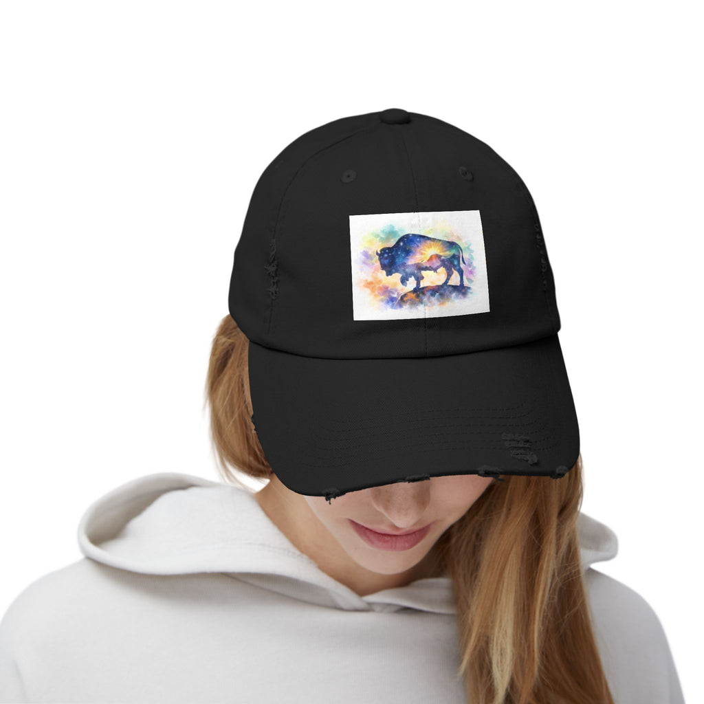 Distressed Buffalo Cap — Watercolor Bison Patch Hat