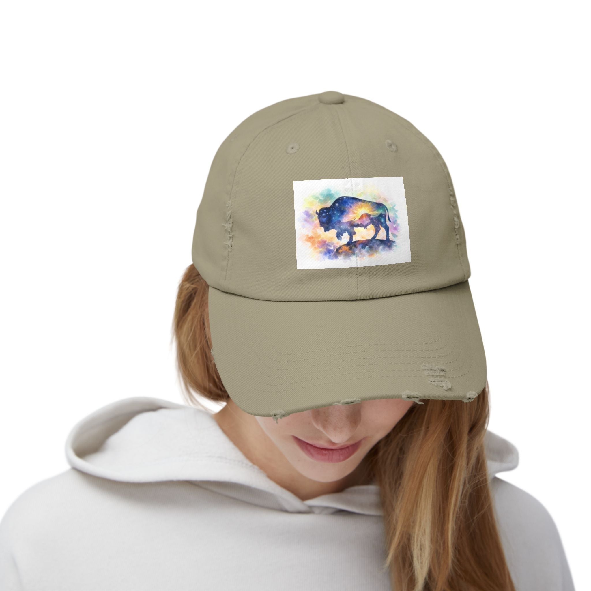 Distressed Buffalo Cap — Watercolor Bison Patch Hat