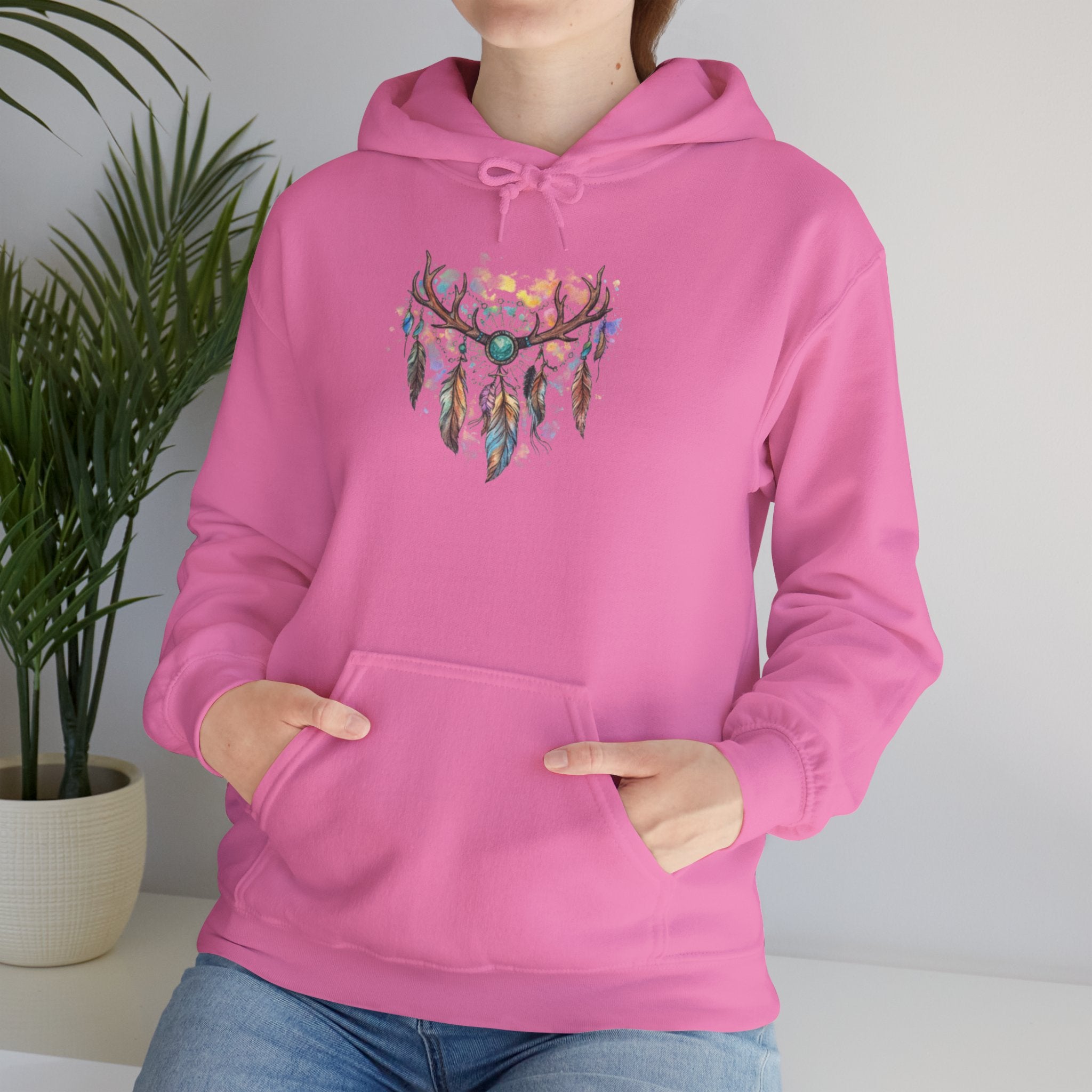 Dreamcatcher Antler Hoodie — Watercolor Feathers & Floral Boho Sweatshirt