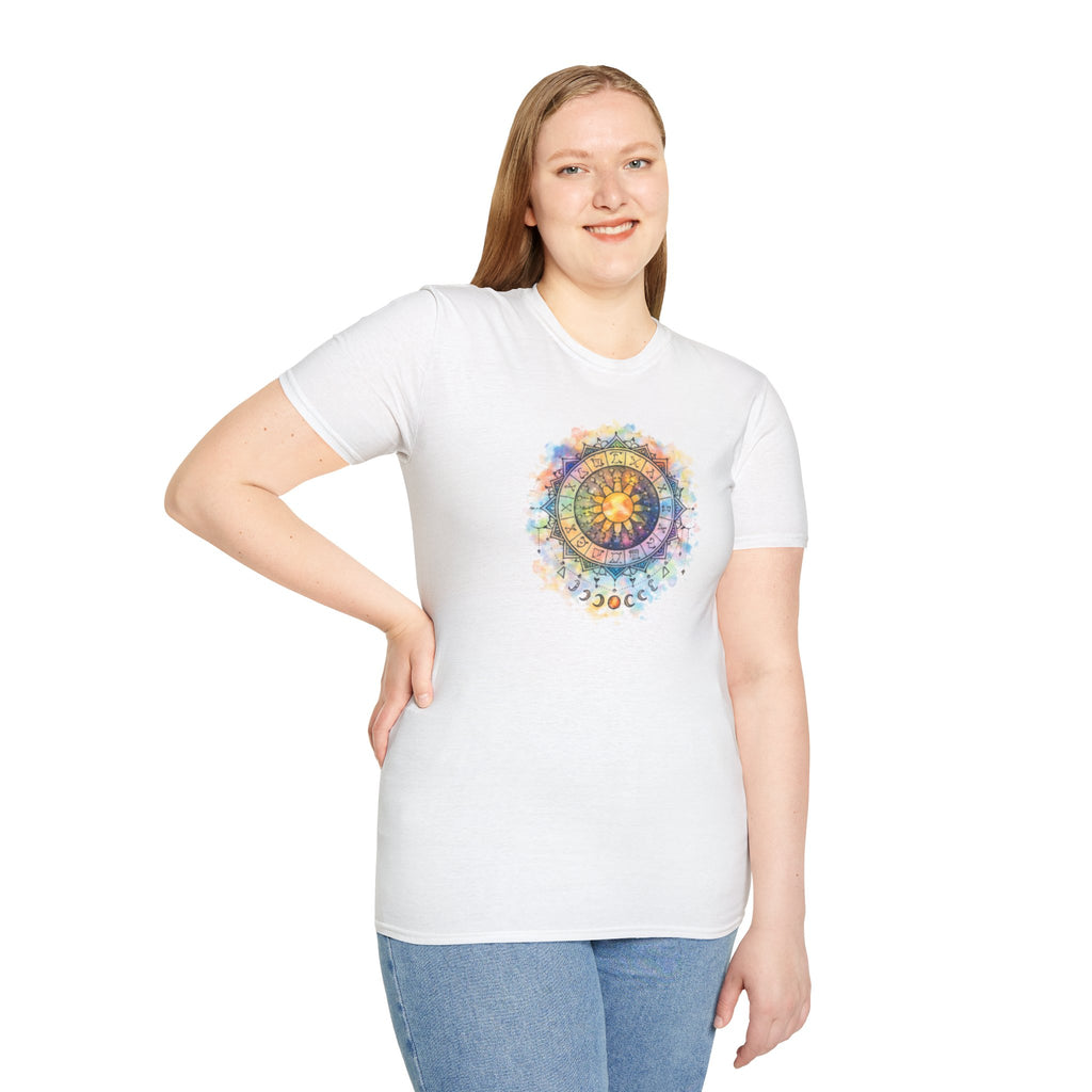 Sun & Moon Zodiac T-Shirt — Watercolor Astrological Mandala Tee