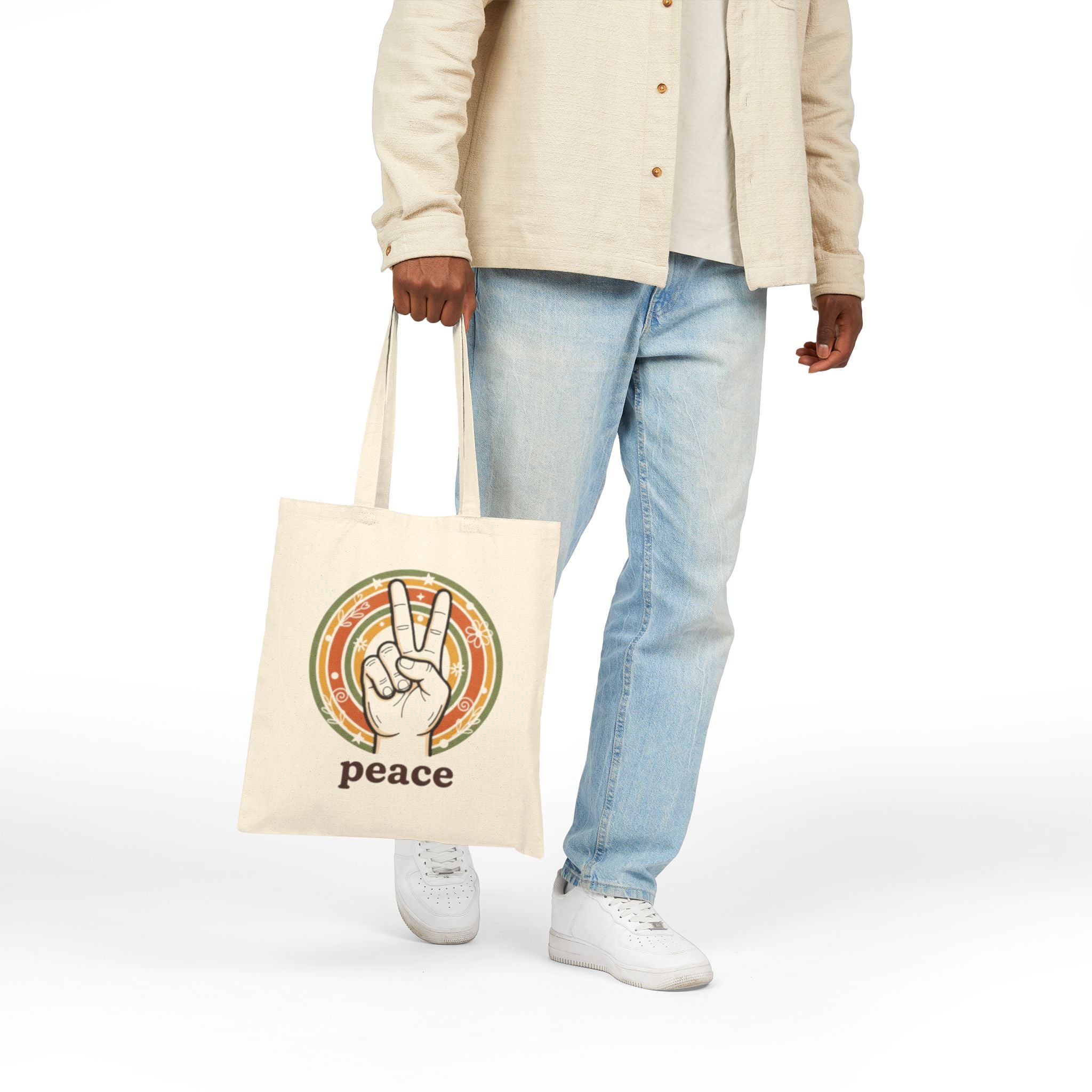 Peace Sign Canvas Tote Bag — Retro 70s Vibes Eco Market Bag