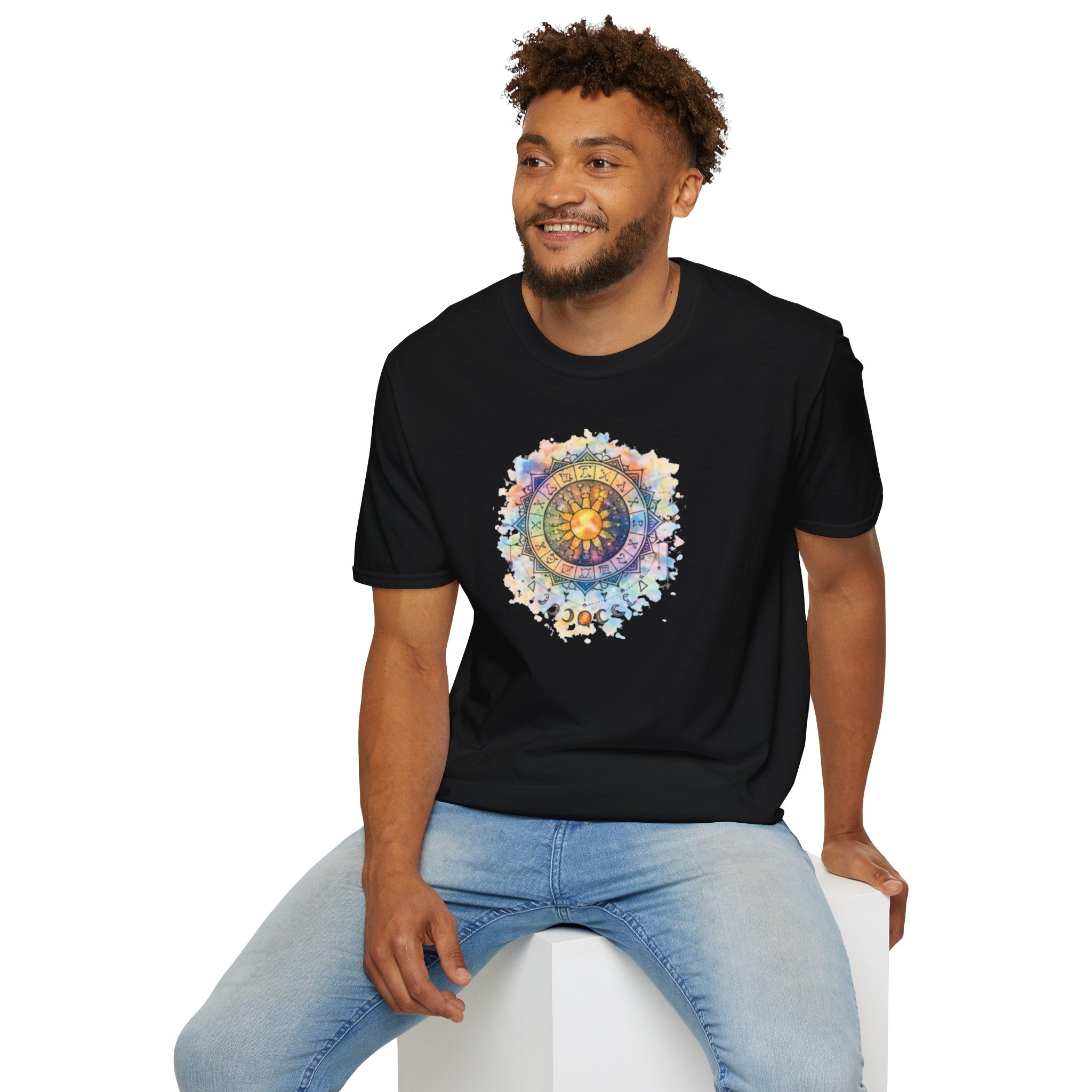 Sun & Moon Zodiac T-Shirt — Watercolor Astrological Mandala Tee