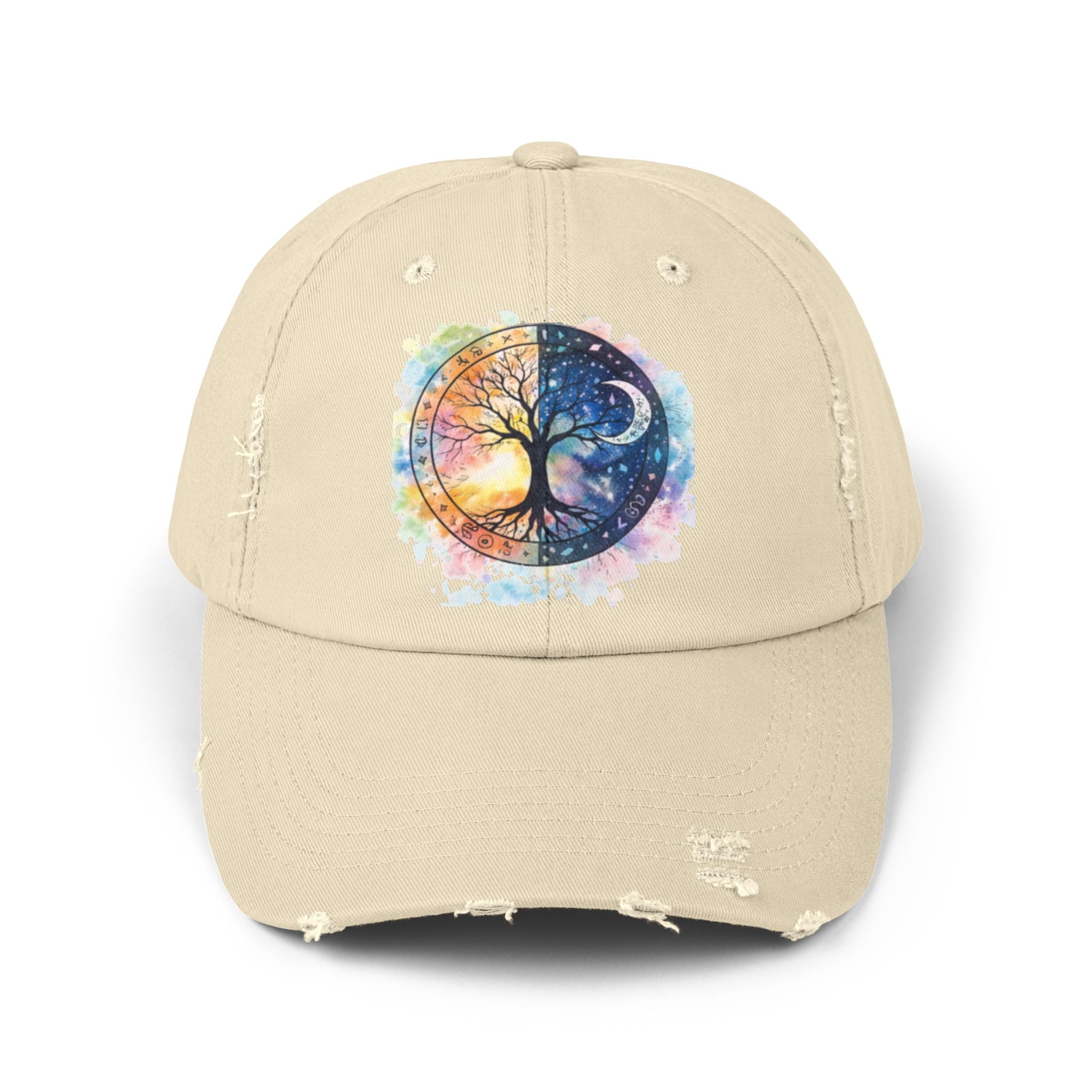 Distressed Cap — Watercolor Yin Yang Tree Baseball Hat