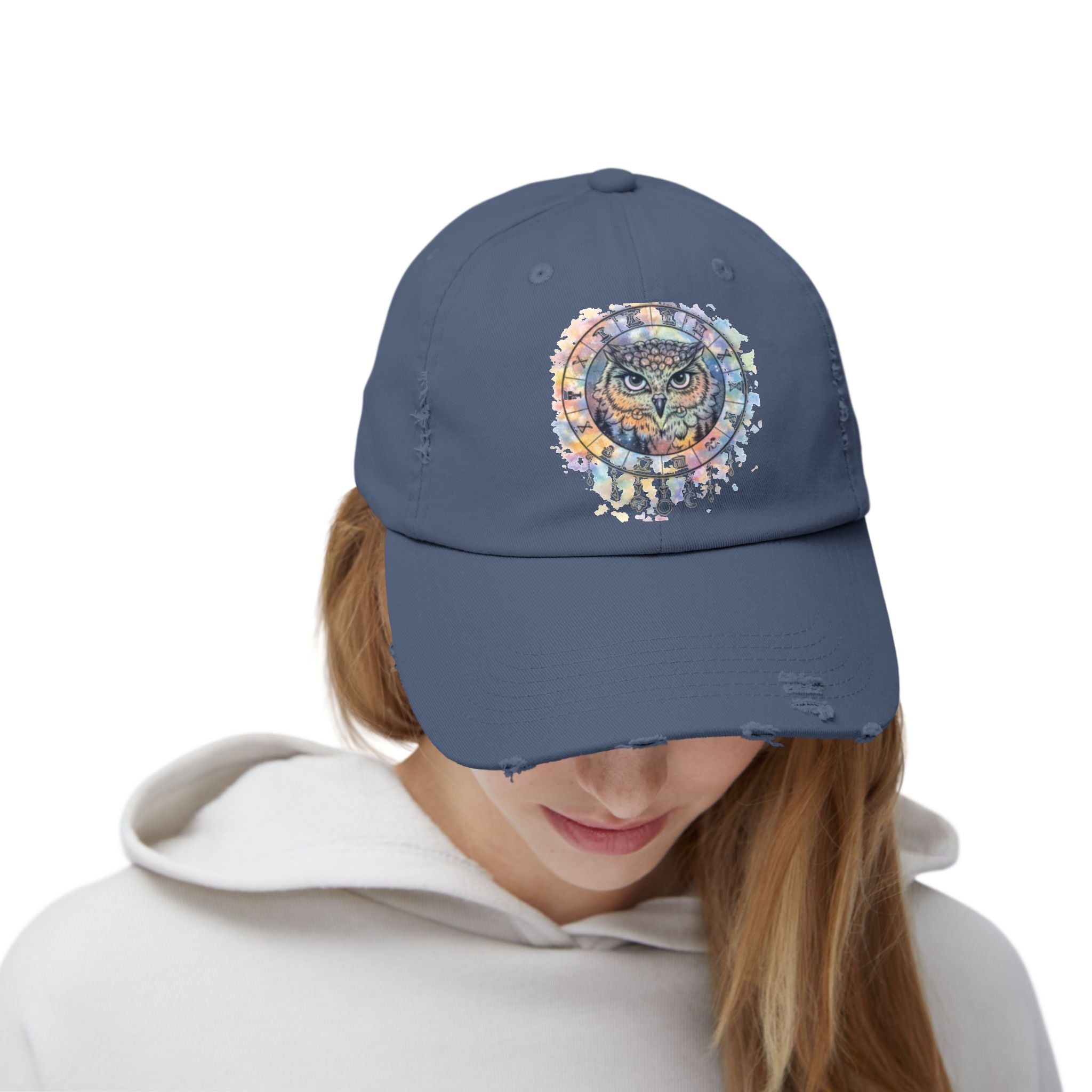 Watercolor Owl Distressed Unisex Hat
