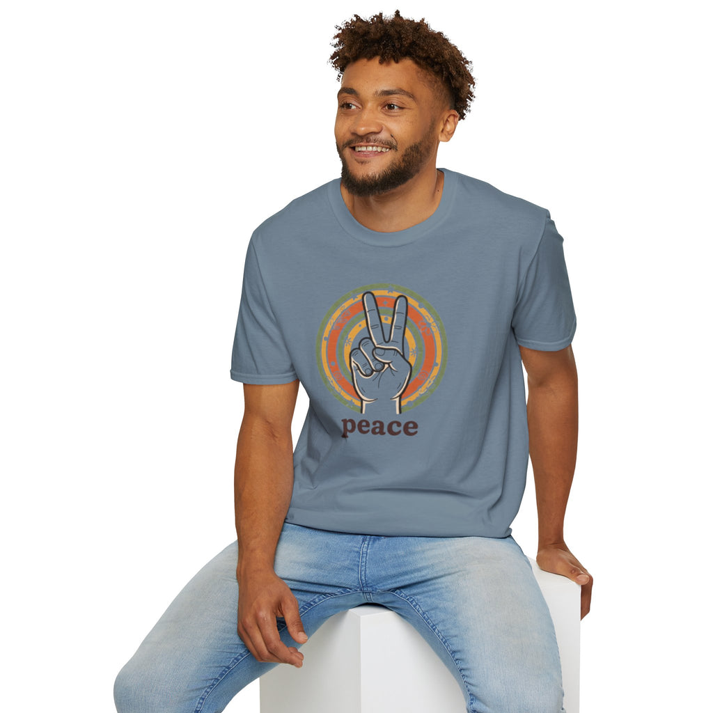 Peace Hand Sign T-Shirt | Retro Rainbow Circle, Vintage Hippie Vibe