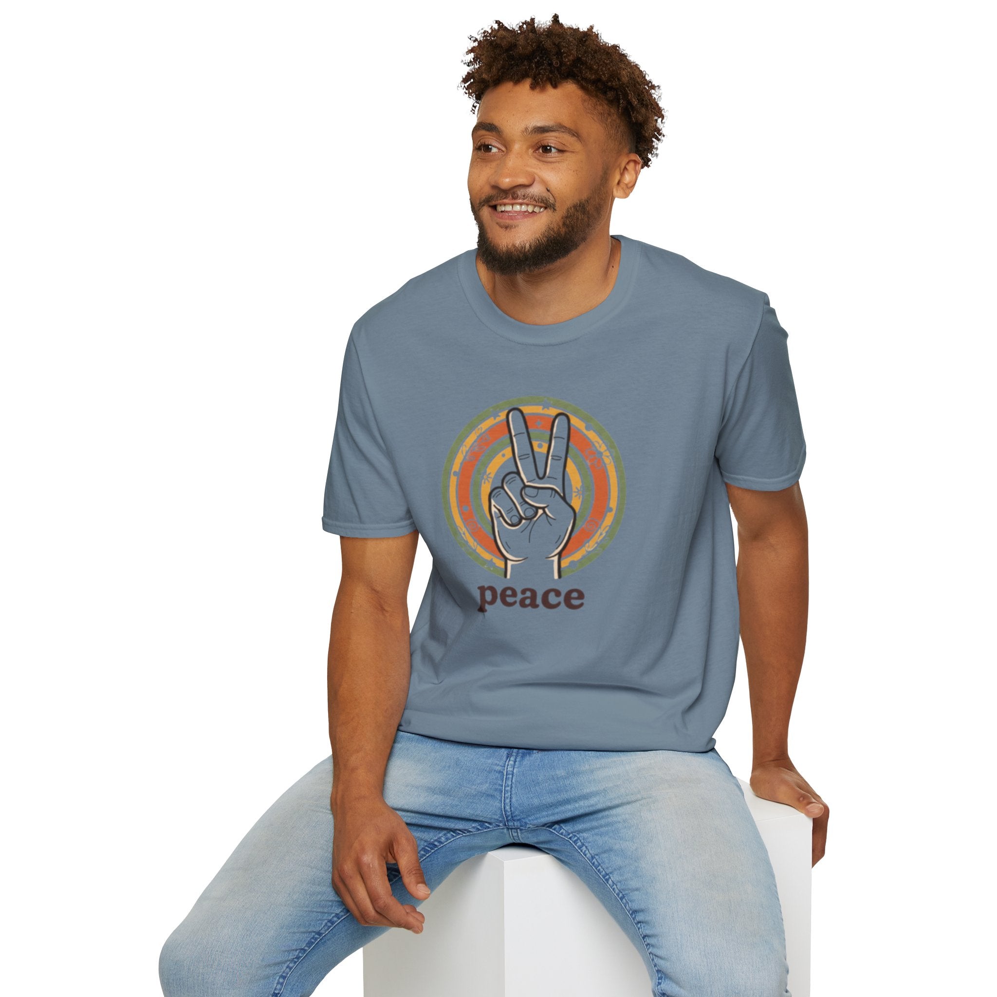 Peace Hand Sign T-Shirt | Retro Rainbow Circle, Vintage Hippie Vibe