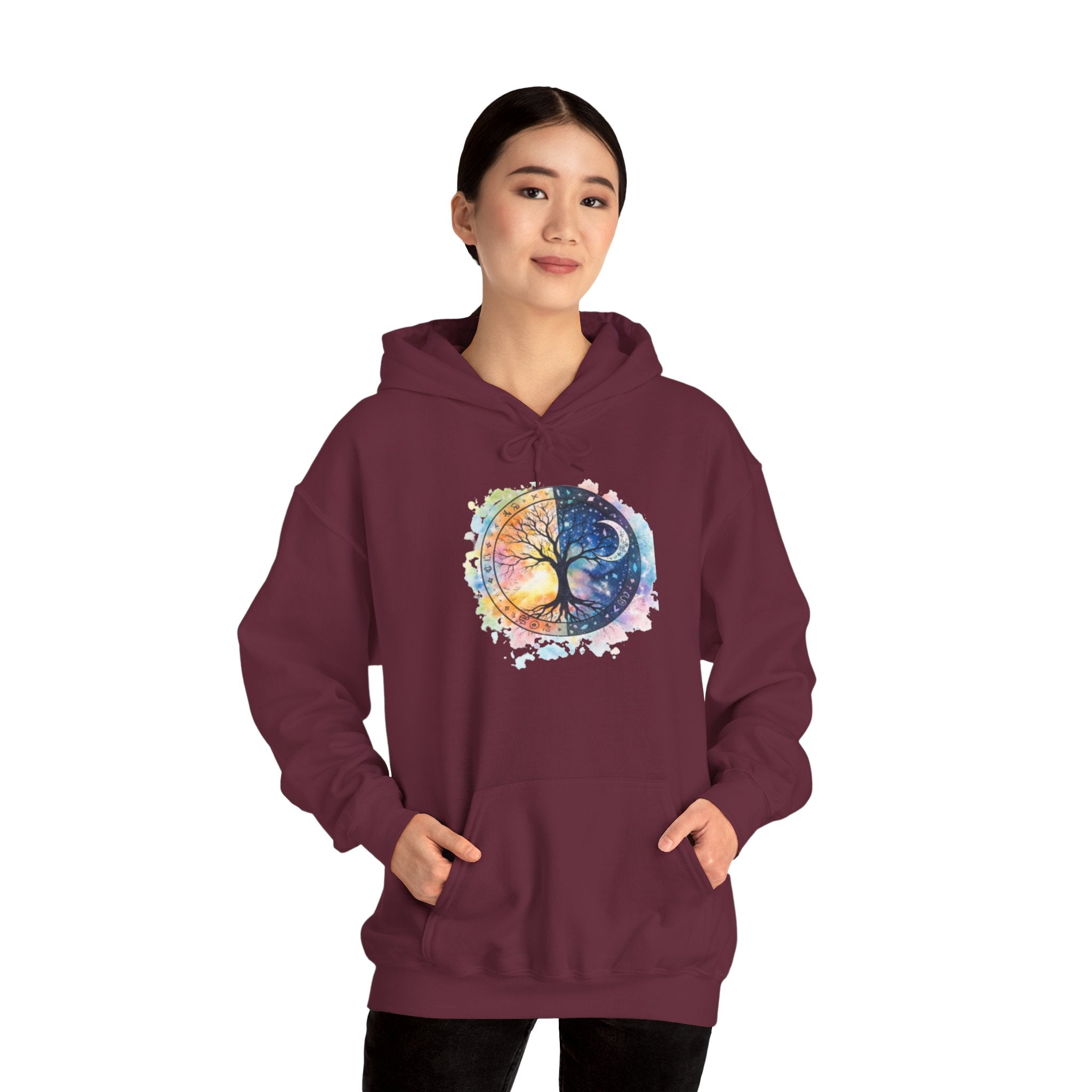 Yin Yang Tree Of Life Hoodie — Colorful Sun & Moon Spiritual Pullover
