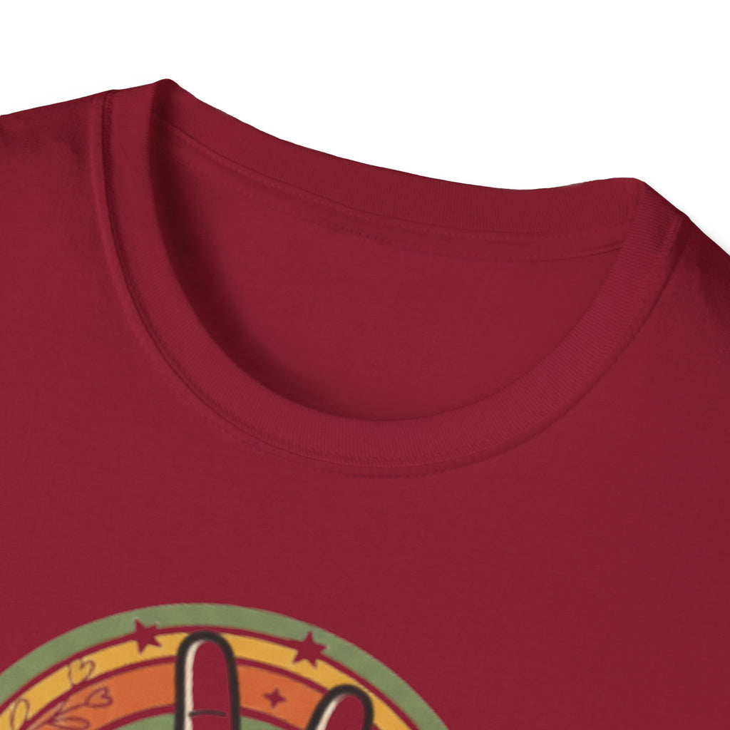 Peace Hand Sign T-Shirt | Retro Rainbow Circle, Vintage Hippie Vibe