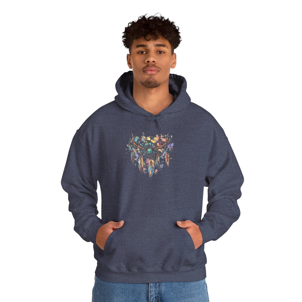 Dreamcatcher Antler Hoodie — Watercolor Feathers & Floral Boho Sweatshirt