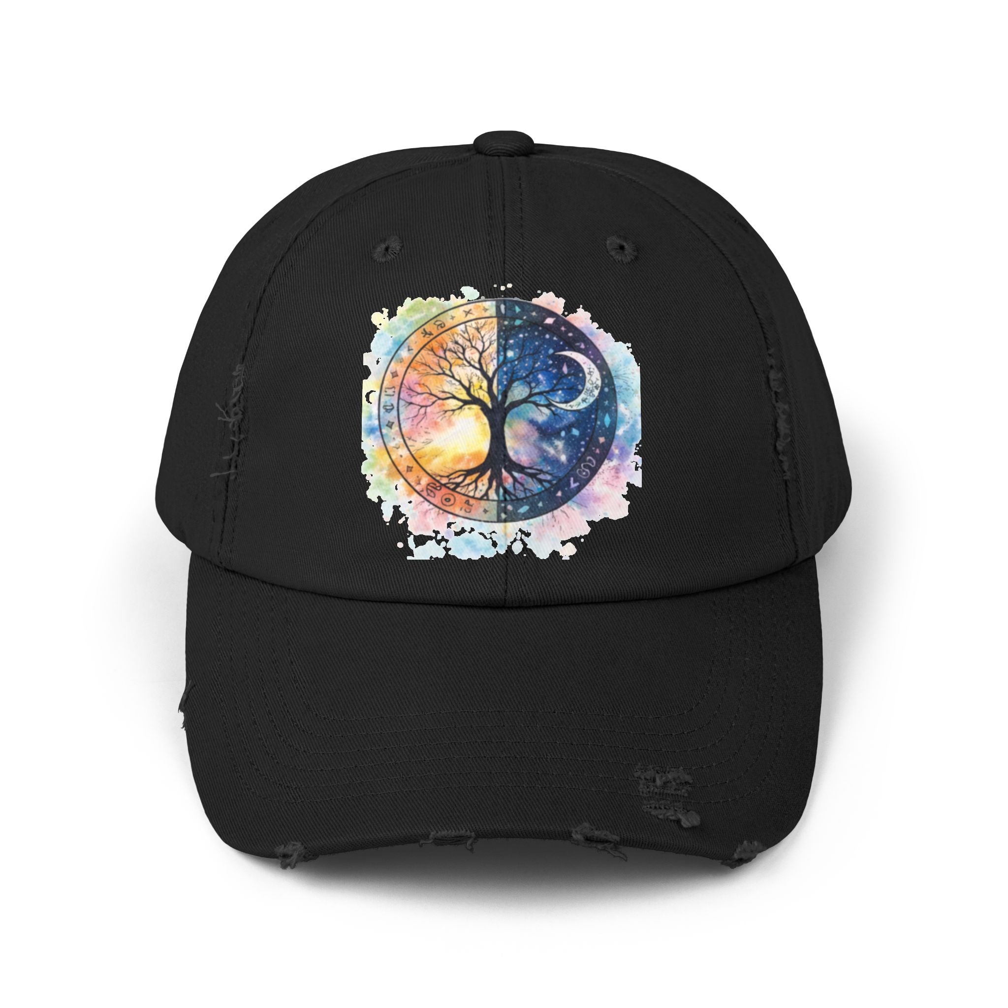 Distressed Cap — Watercolor Yin Yang Tree Baseball Hat