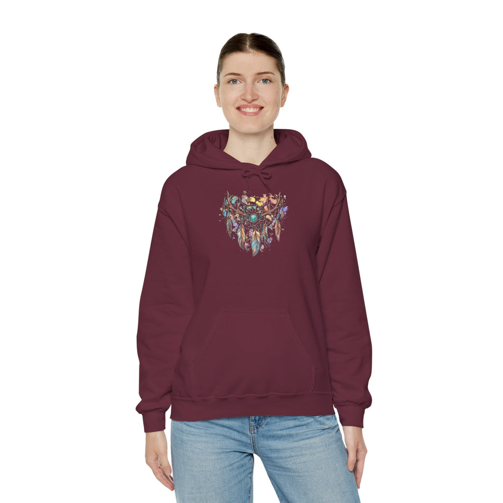 Dreamcatcher Antler Hoodie — Watercolor Feathers & Floral Boho Sweatshirt