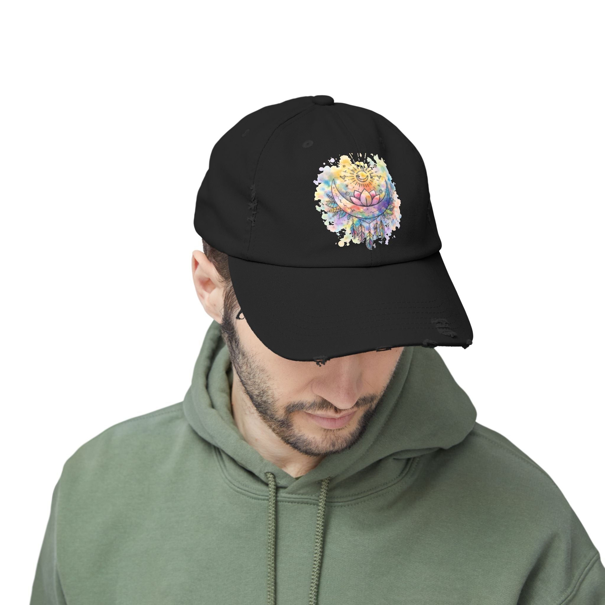 Distressed Cap with Watercolor Lotus & Crescent Moon — Boho Yoga Hat