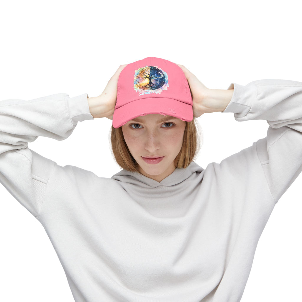Distressed Cap — Watercolor Yin Yang Tree Baseball Hat