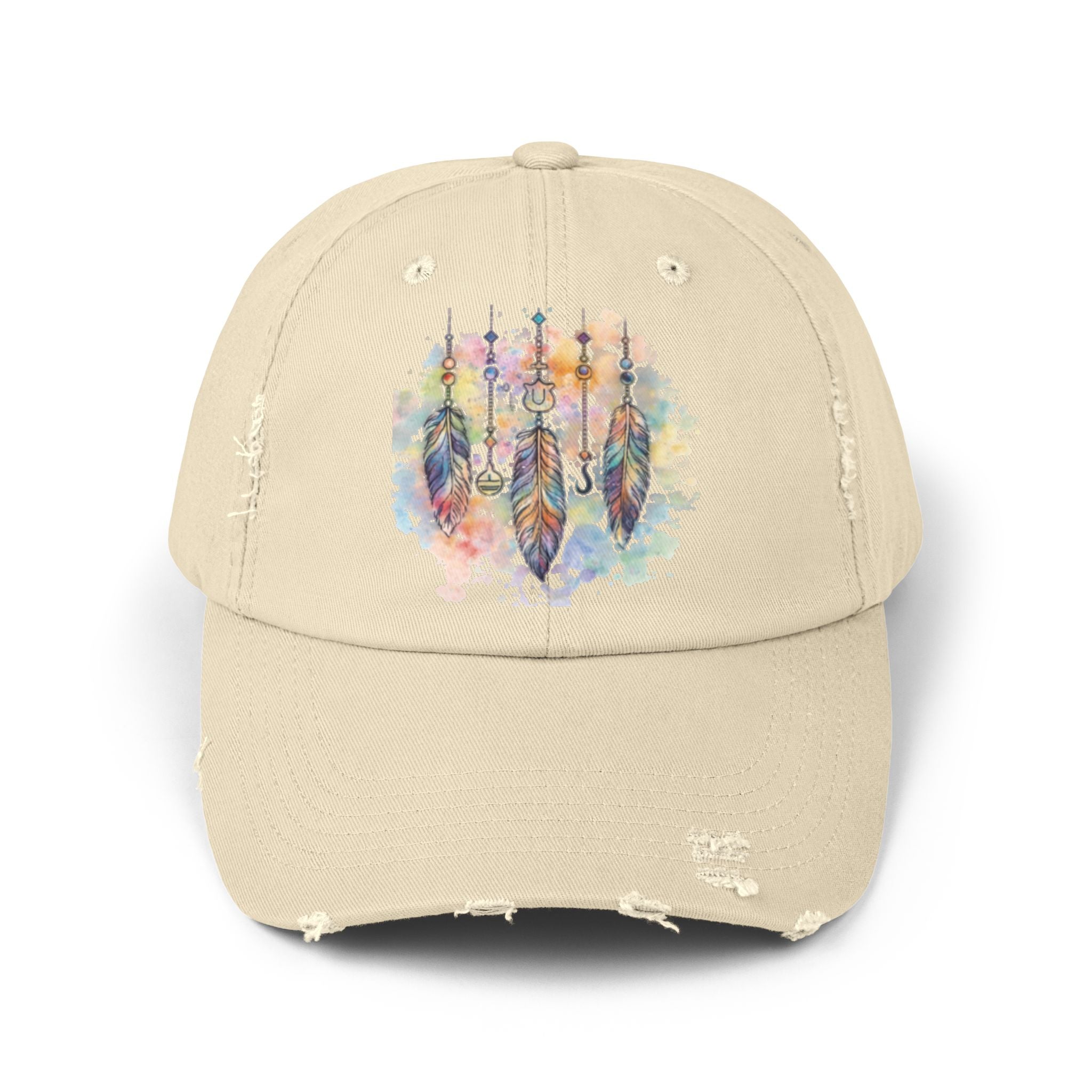 Distressed Cap with Watercolor Dreamcatcher Design