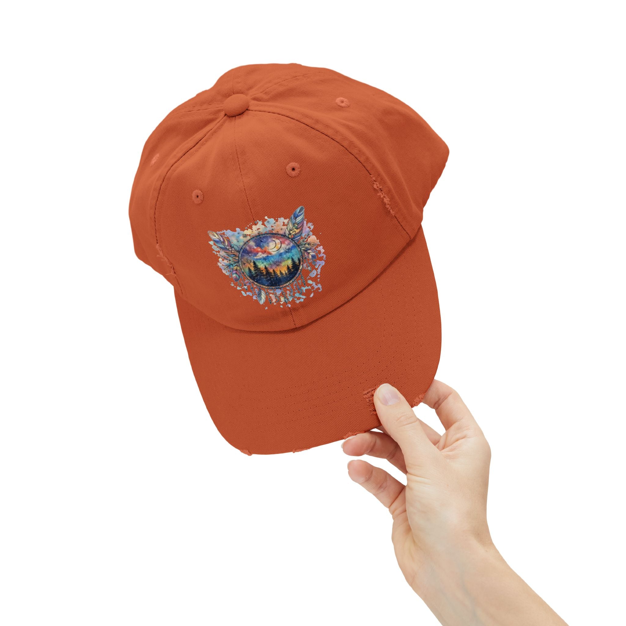 Wolf Moon Distressed Cap — Watercolor Nightscape Hat