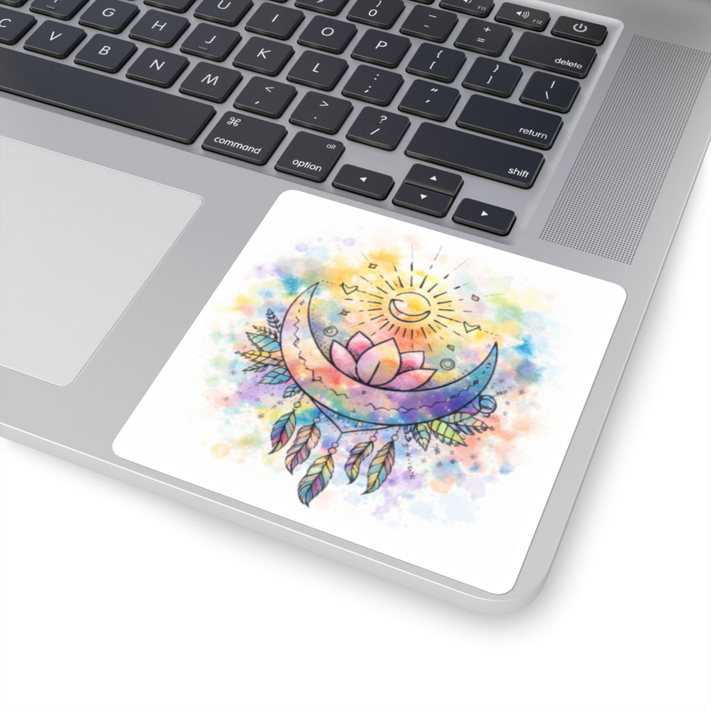 Watercolor Crescent Moon Lotus Sticker | Boho Dreamcatcher Square Sticker