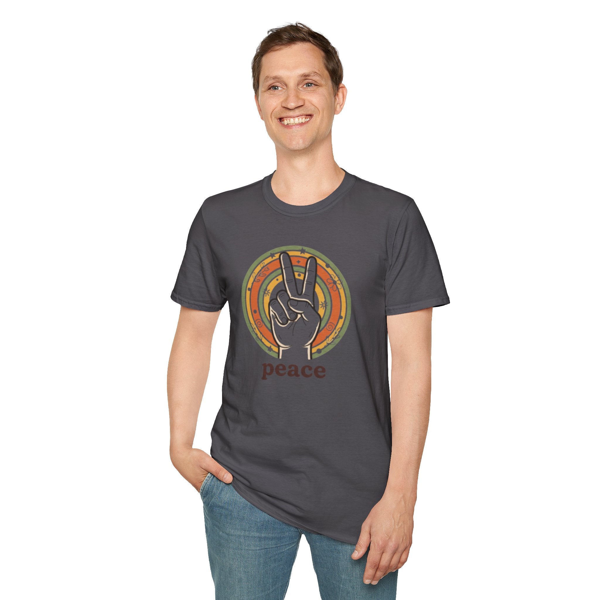 Peace Hand Sign T-Shirt | Retro Rainbow Circle, Vintage Hippie Vibe