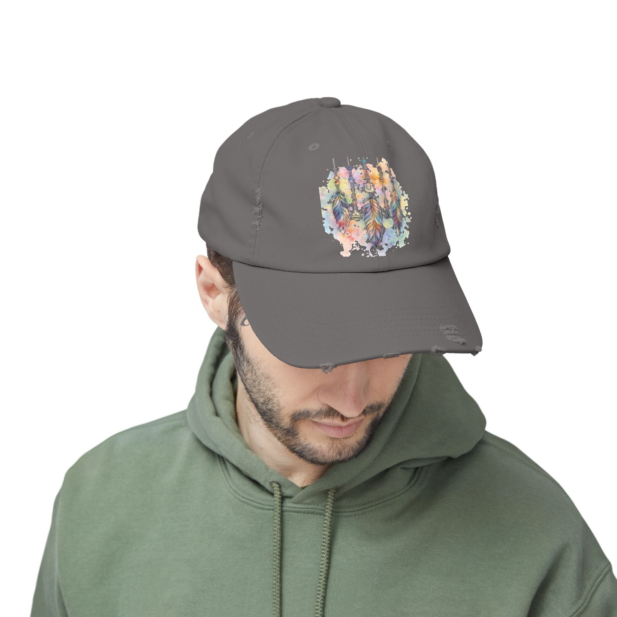 Distressed Cap with Watercolor Dreamcatcher Design