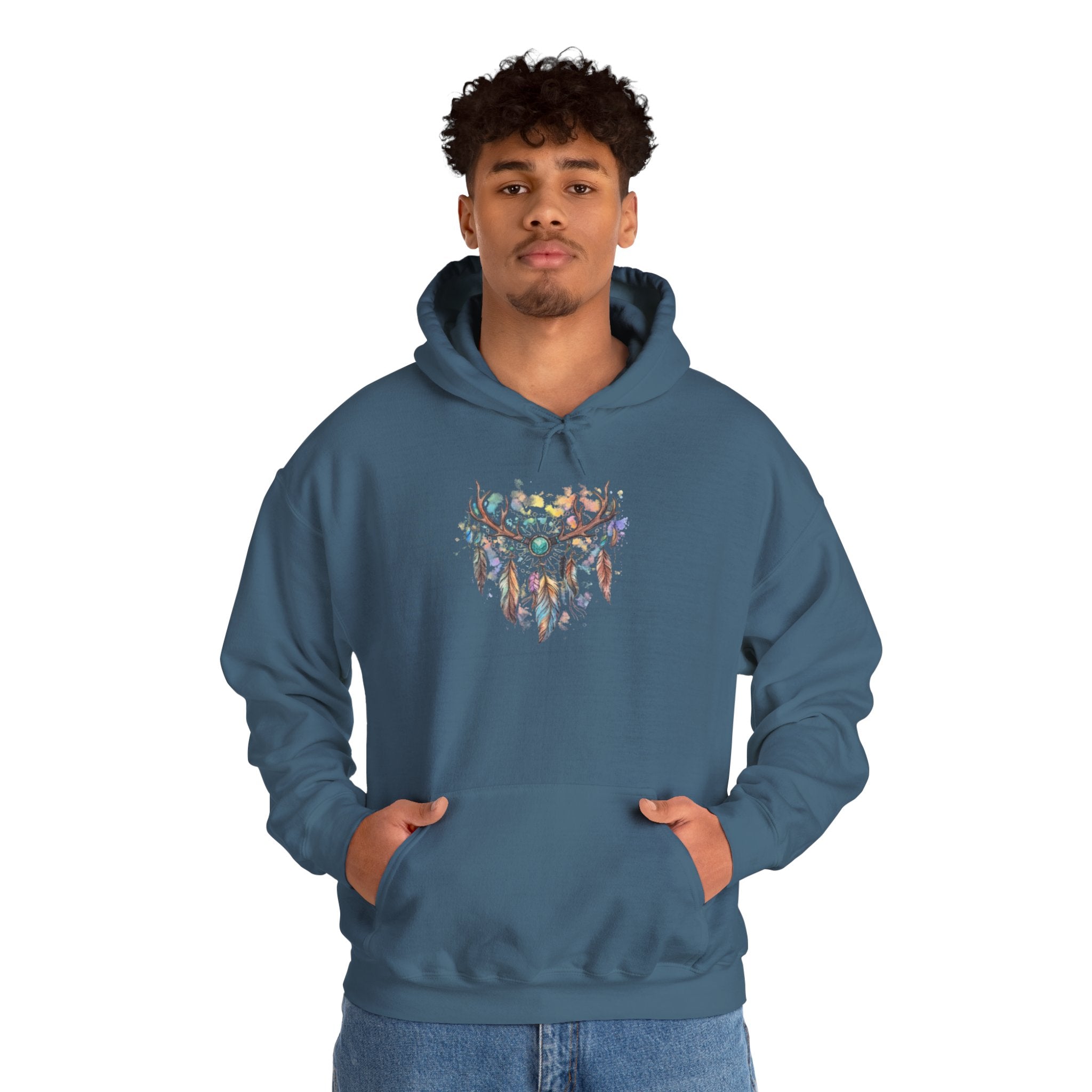 Dreamcatcher Antler Hoodie — Watercolor Feathers & Floral Boho Sweatshirt
