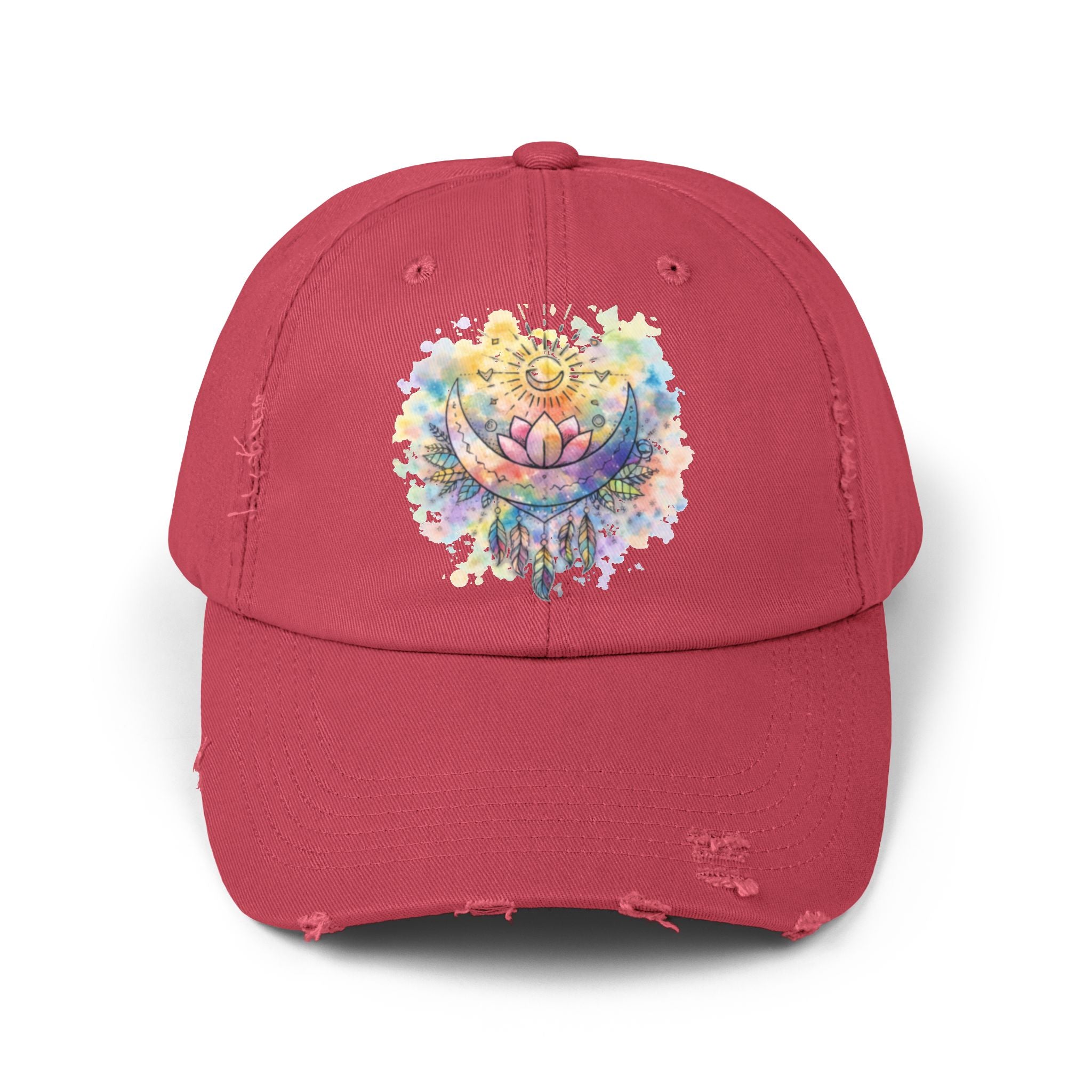 Distressed Cap with Watercolor Lotus & Crescent Moon — Boho Yoga Hat