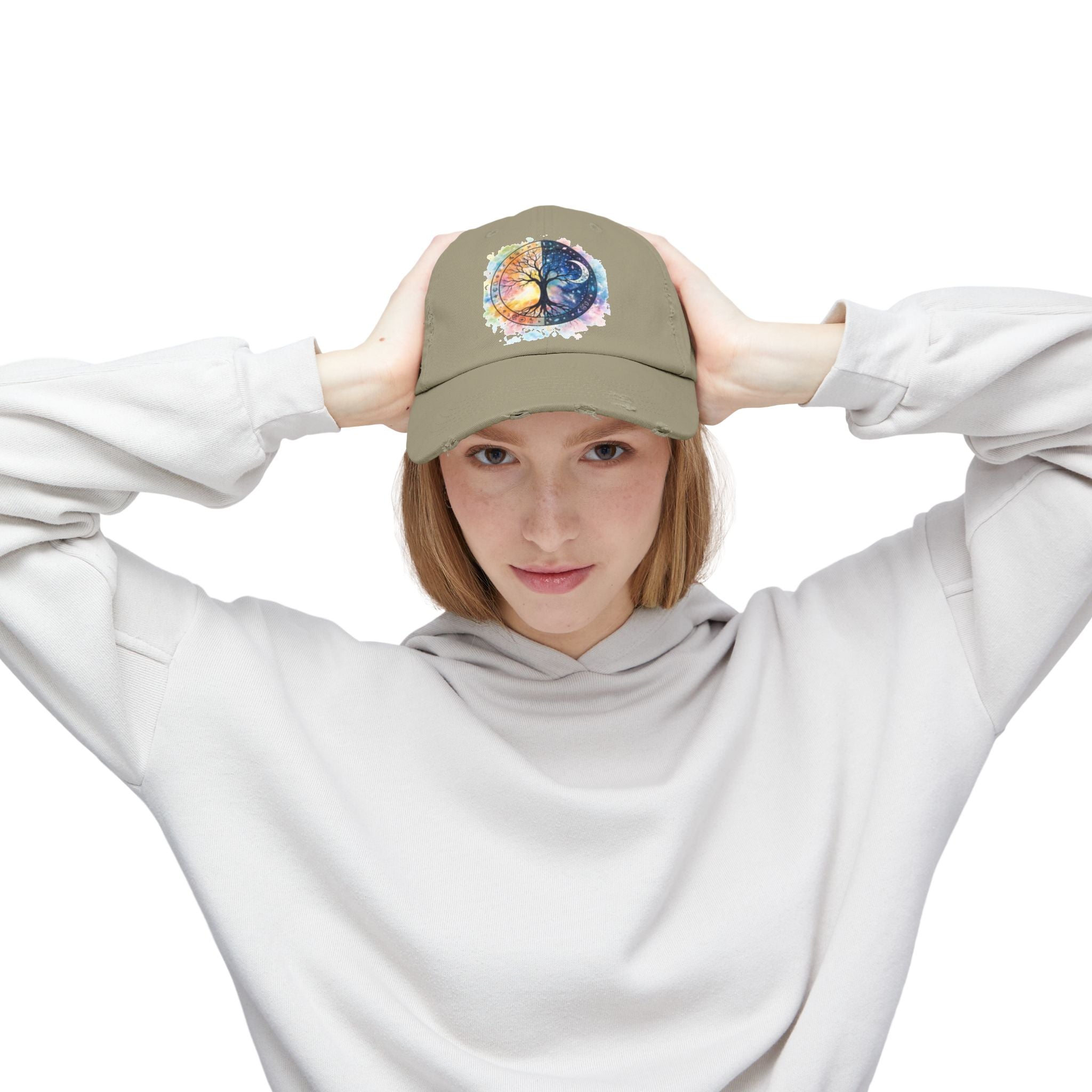 Distressed Cap — Watercolor Yin Yang Tree Baseball Hat
