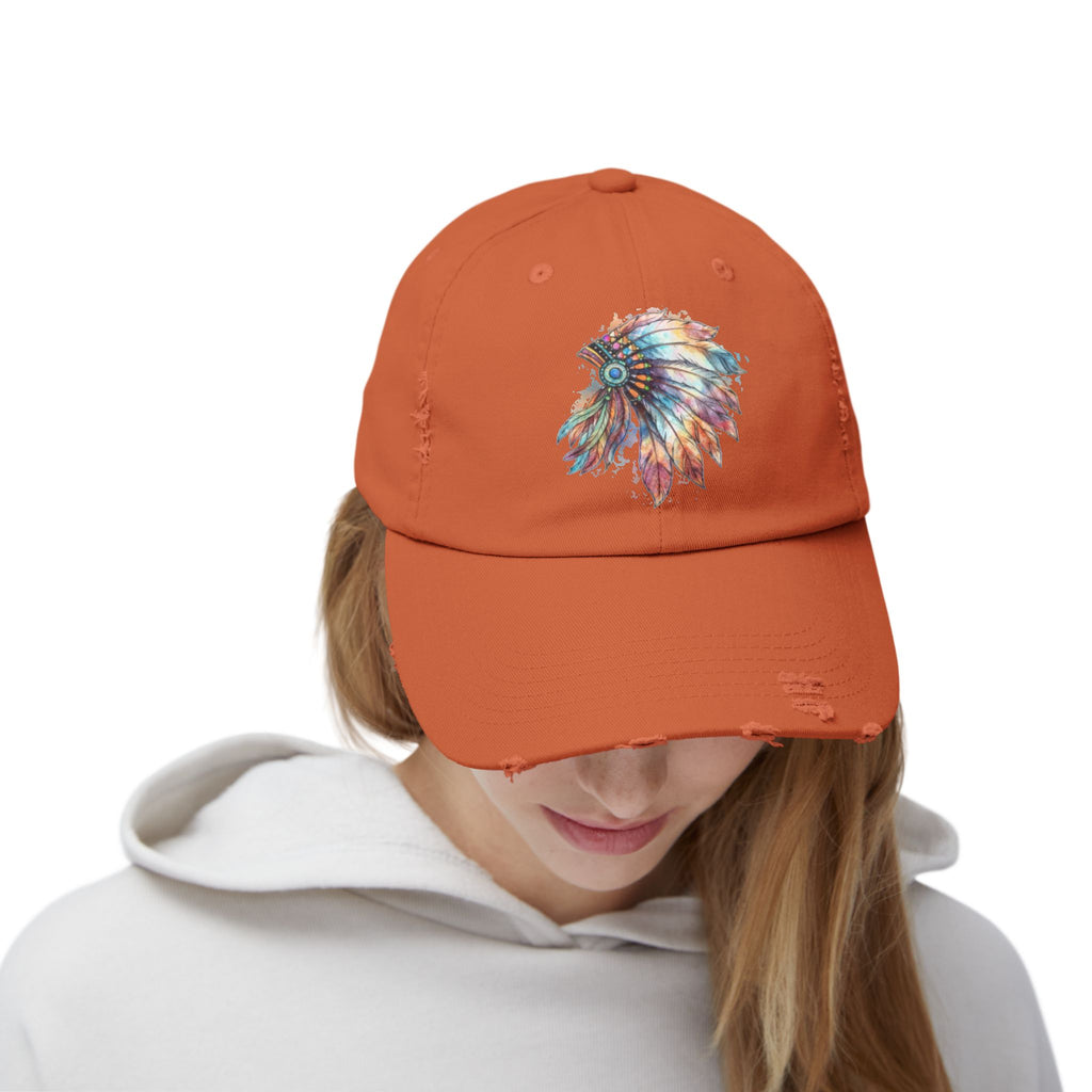 Distressed Cap with Colorful Watercolor Native Feather Headdress