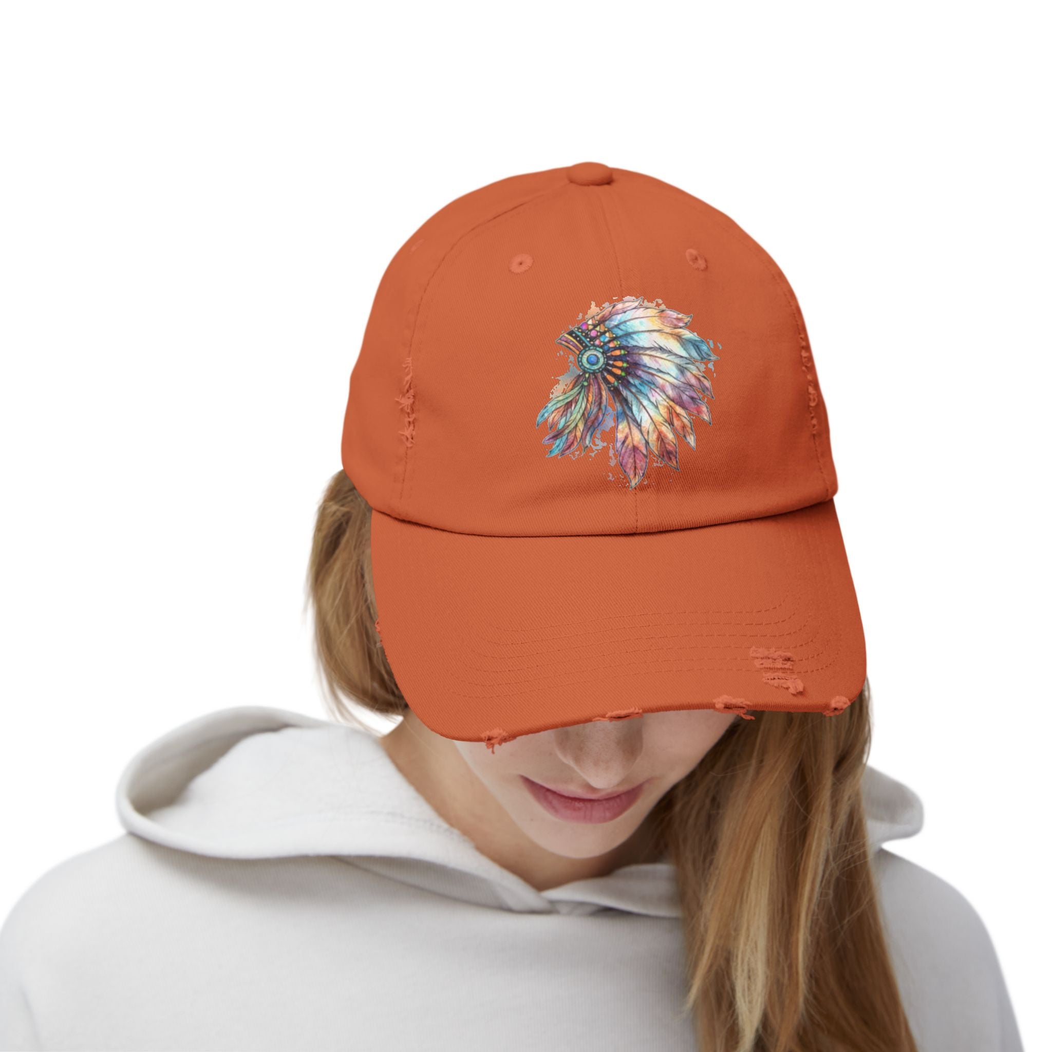 Distressed Cap with Colorful Watercolor Native Feather Headdress
