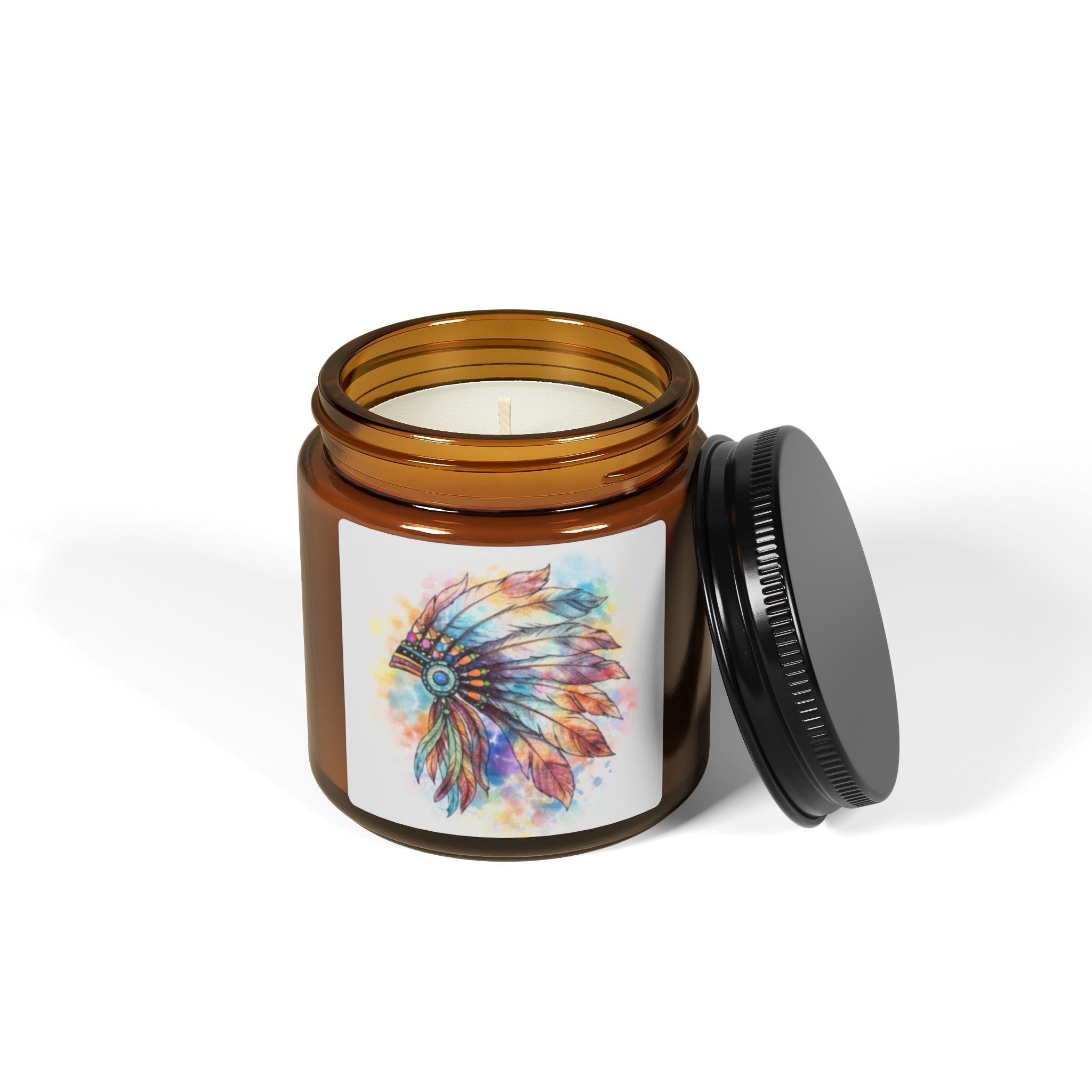 Watercolor Feather Headdress Soy Candle — Amber Jar (Scented)