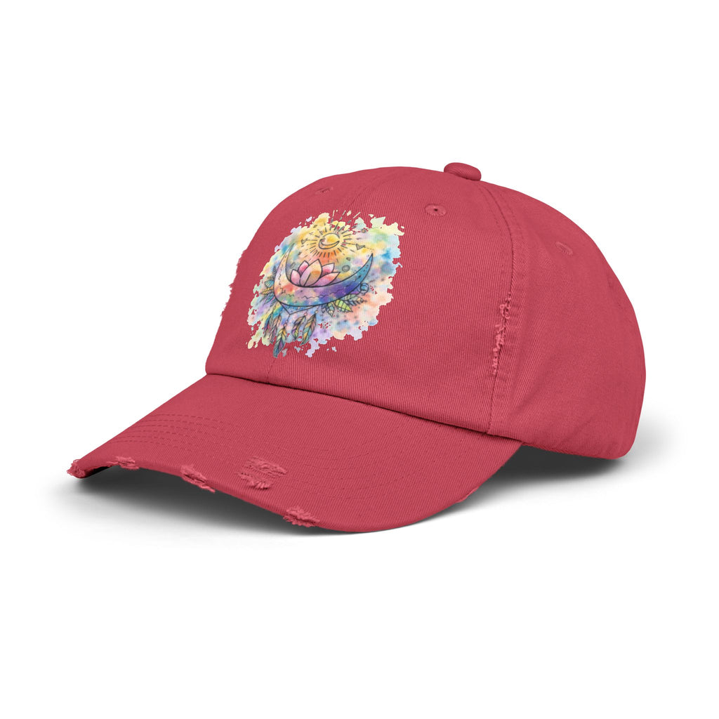 Distressed Cap with Watercolor Lotus & Crescent Moon — Boho Yoga Hat