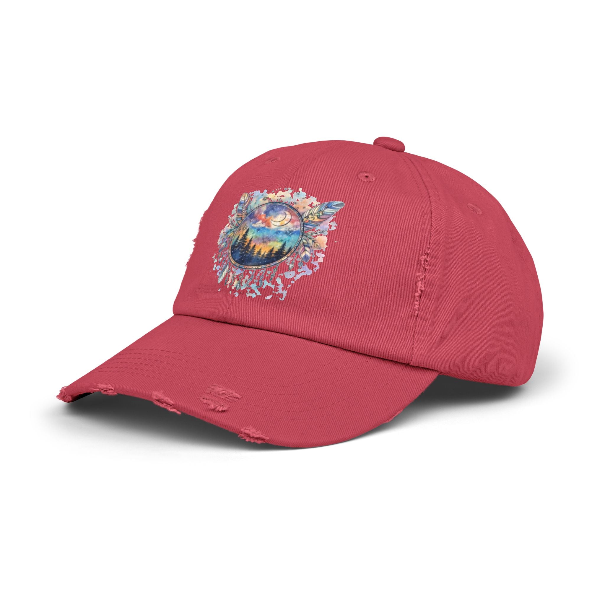 Wolf Moon Distressed Cap — Watercolor Nightscape Hat