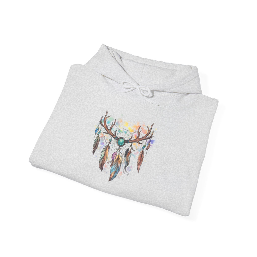 Dreamcatcher Antler Hoodie — Watercolor Feathers & Floral Boho Sweatshirt