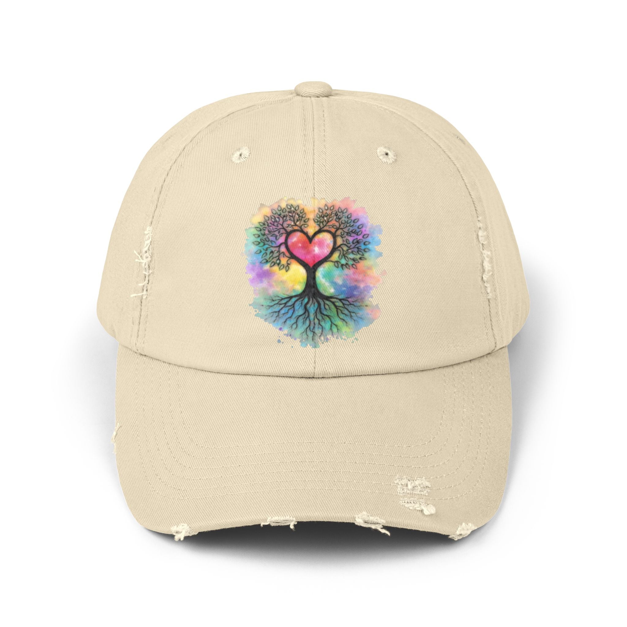 Distressed Dad Hat with Colorful Heart Tree Of Life  Design — Boho Love Cap