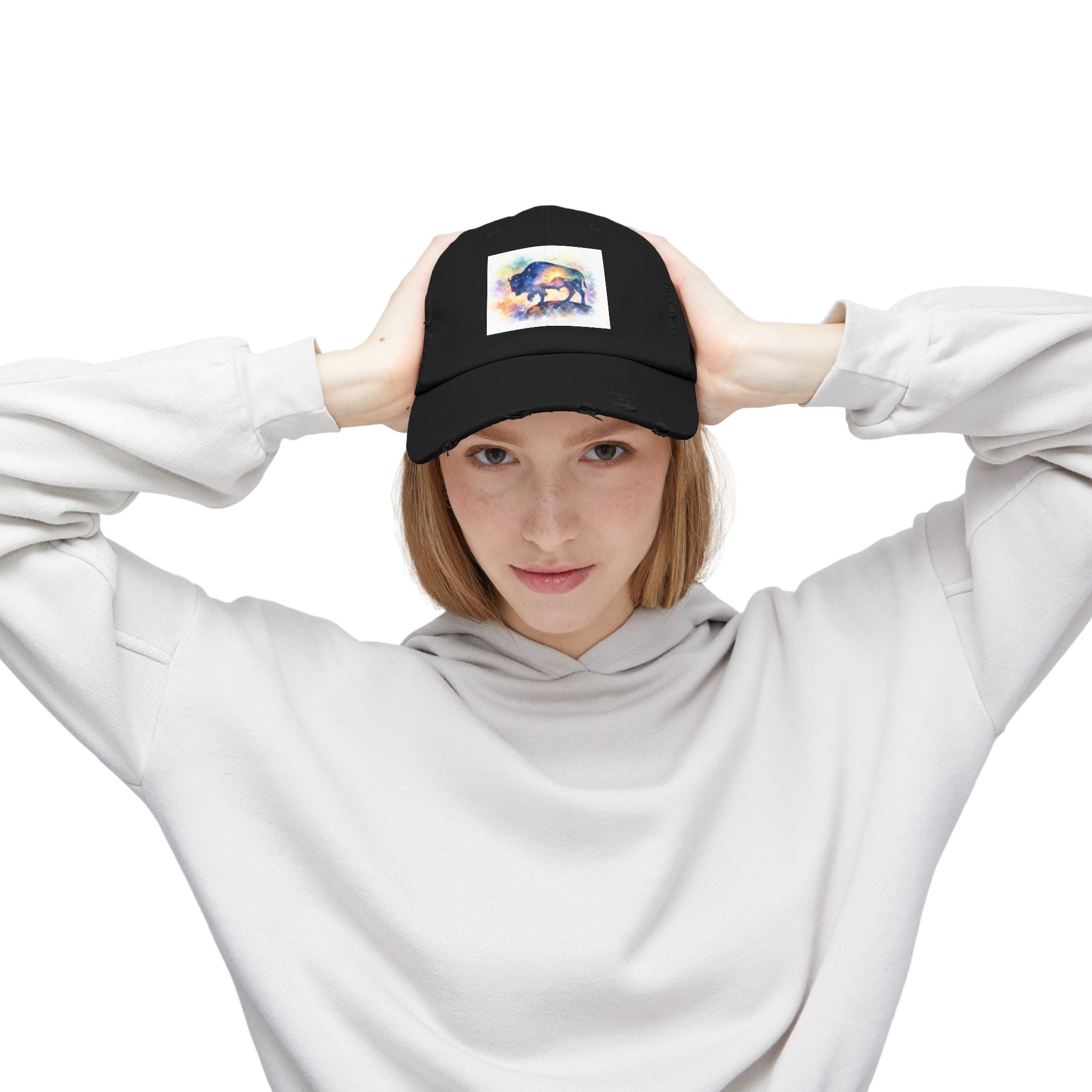 Distressed Buffalo Cap — Watercolor Bison Patch Hat