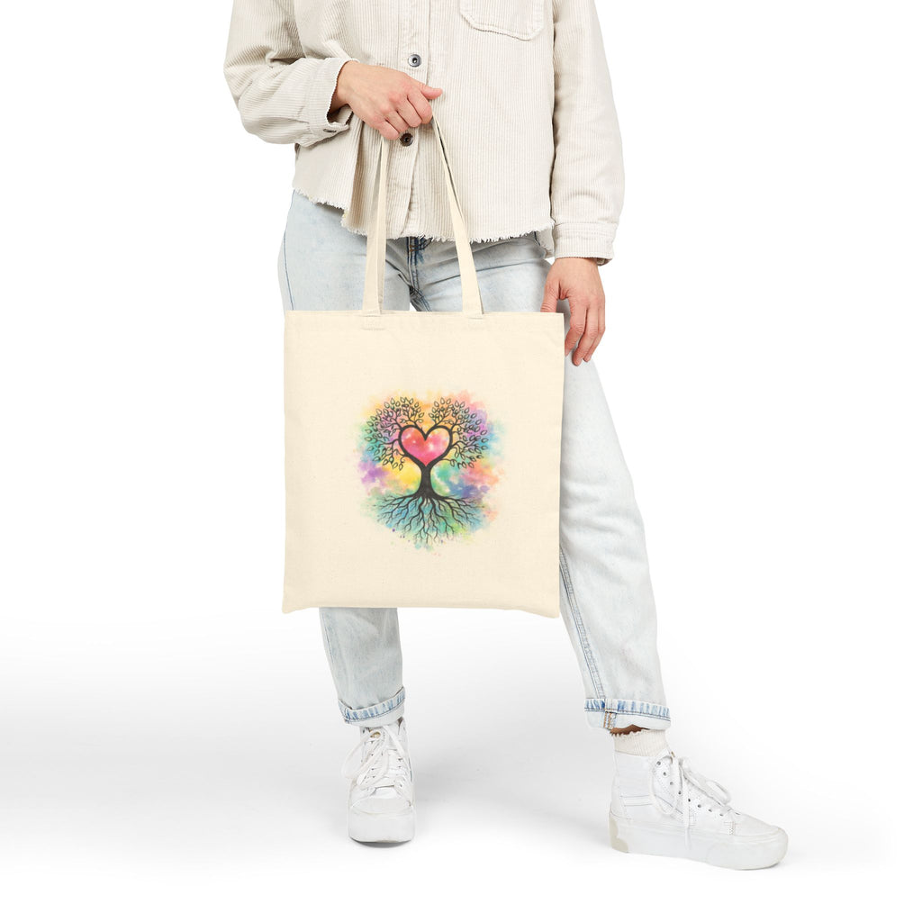 Rainbow Heart Tree Tote Bag | Cotton Canvas Tote, Boho Nature Design