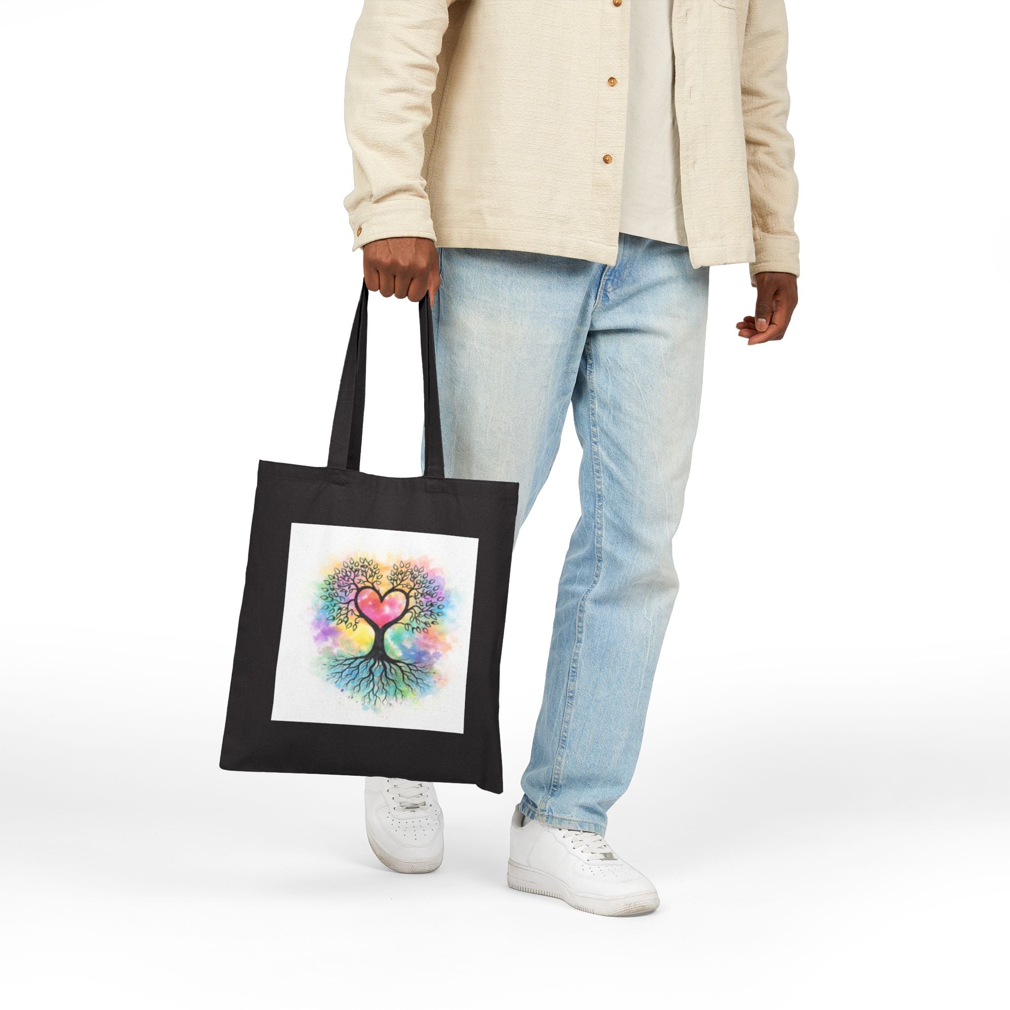 Rainbow Heart Tree Tote Bag | Cotton Canvas Tote, Boho Nature Design