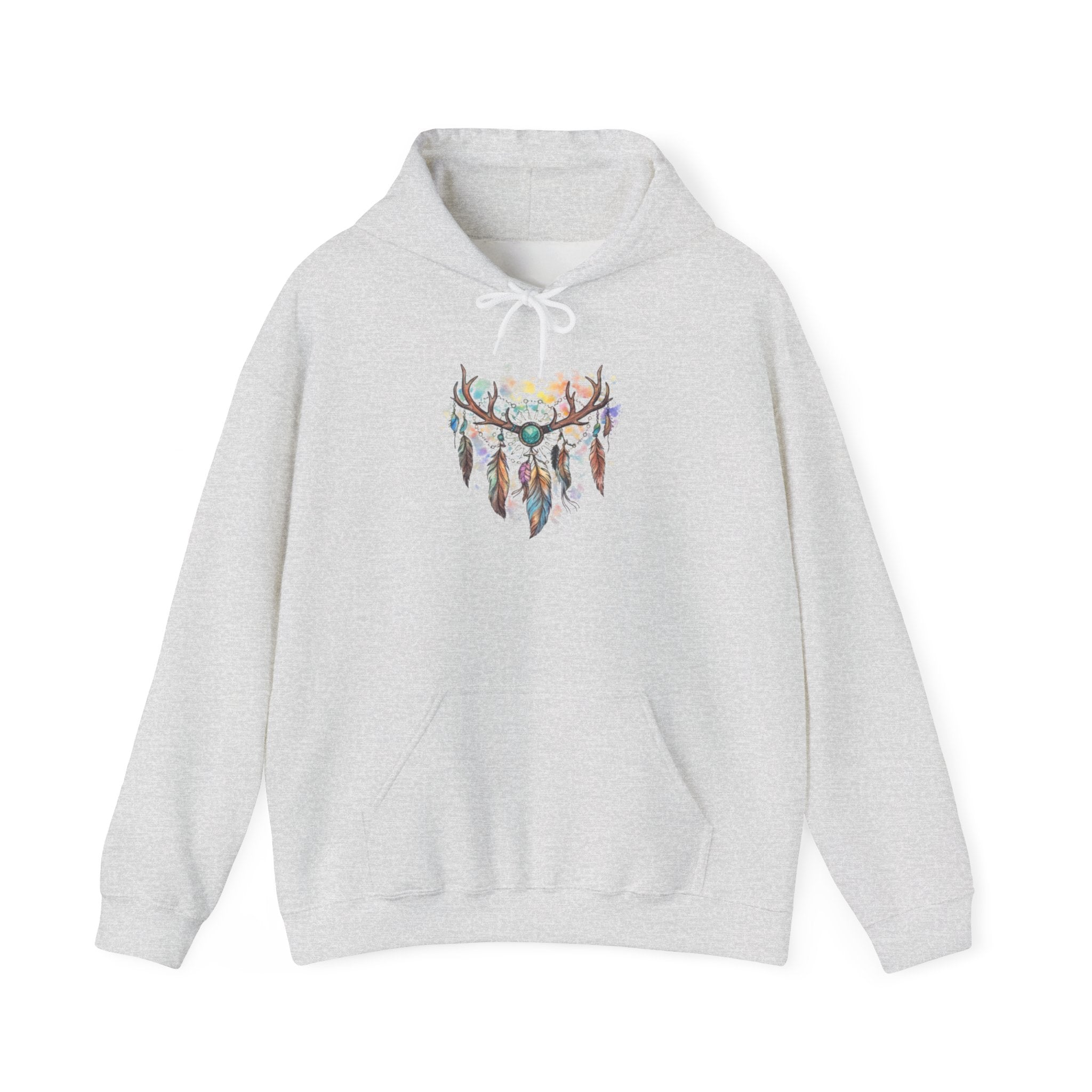 Dreamcatcher Antler Hoodie — Watercolor Feathers & Floral Boho Sweatshirt