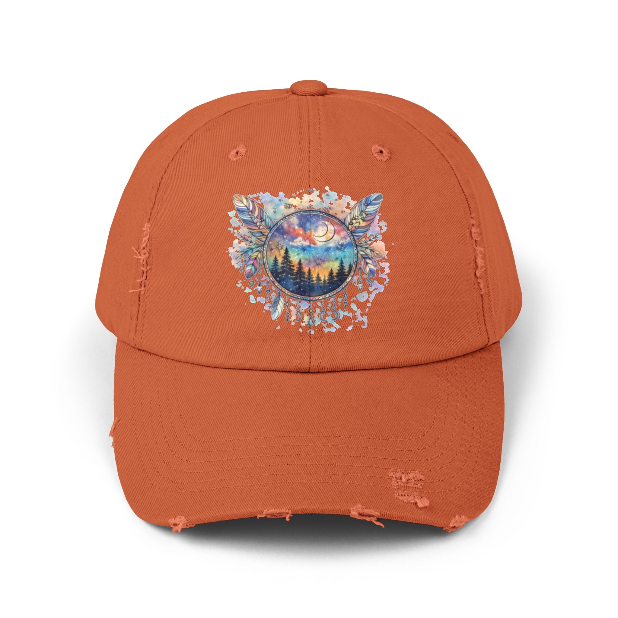 Wolf Moon Distressed Cap — Watercolor Nightscape Hat