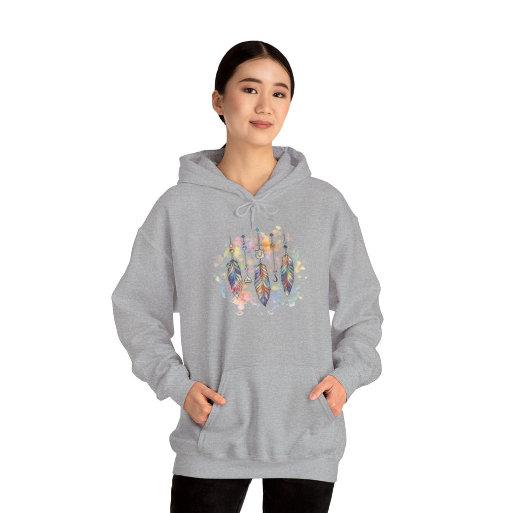 Boho Feather Dreamcatcher Hoodie — Watercolor Tribal Feathers Pullover