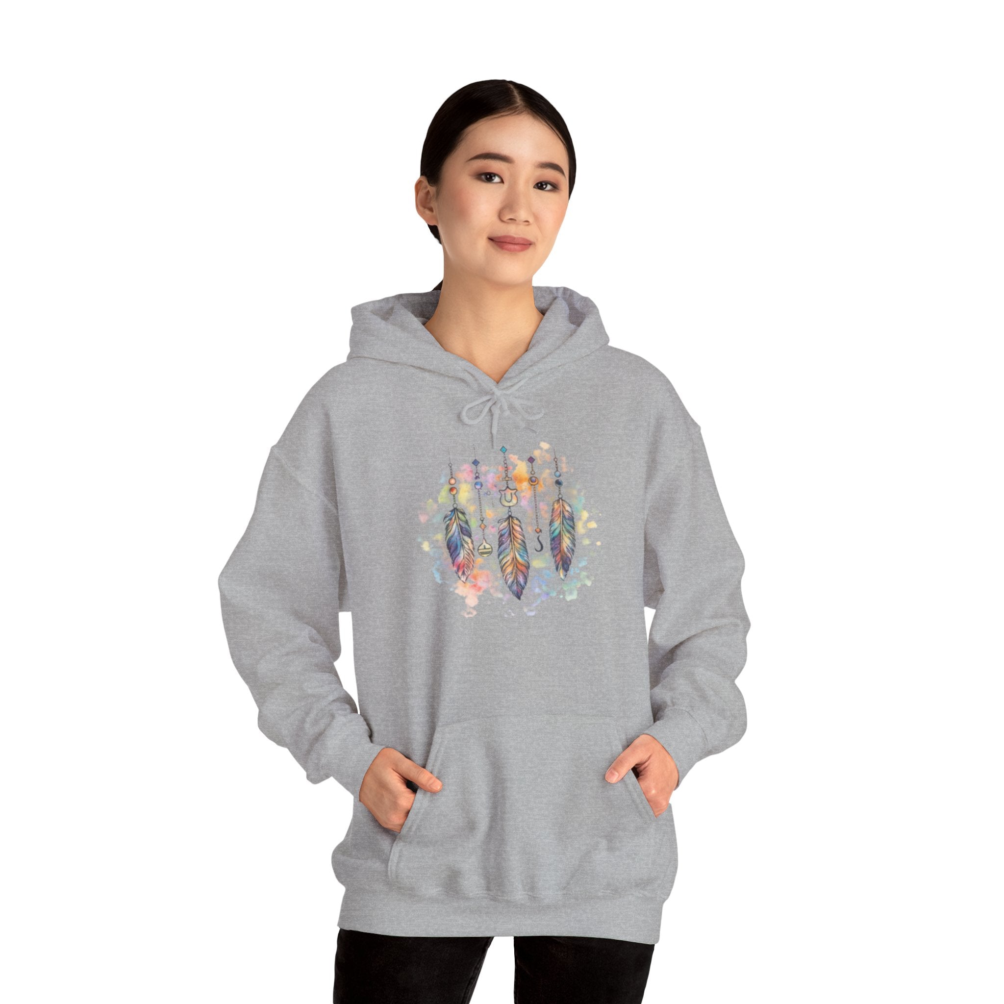 Boho Feather Dreamcatcher Hoodie — Watercolor Tribal Feathers Pullover