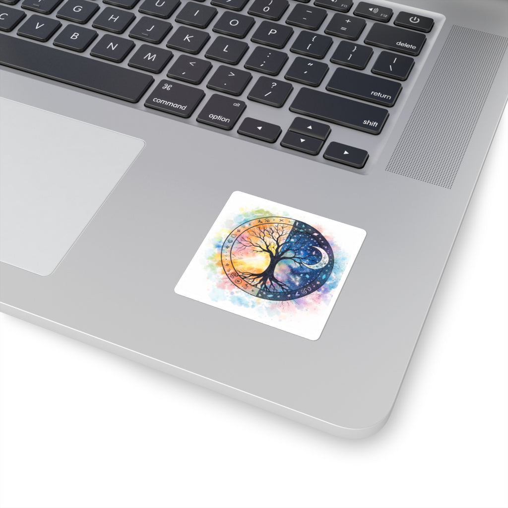 Yin Yang Tree of Life Square Stickers | Day Night Watercolor Astrology