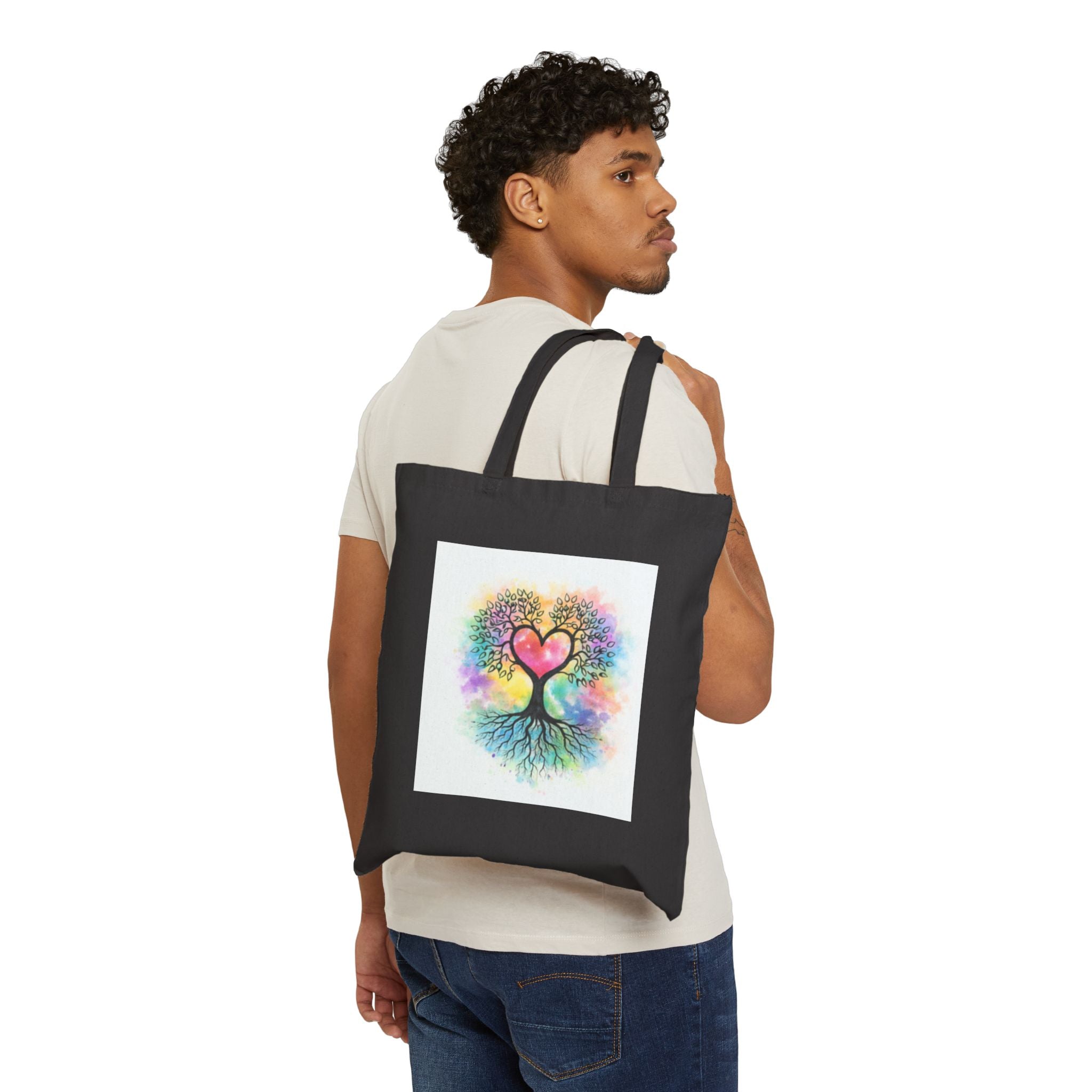 Rainbow Heart Tree Tote Bag | Cotton Canvas Tote, Boho Nature Design