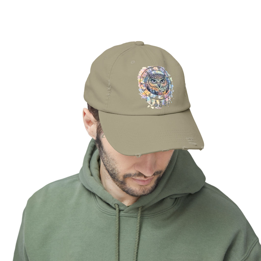 Watercolor Owl Distressed Unisex Hat
