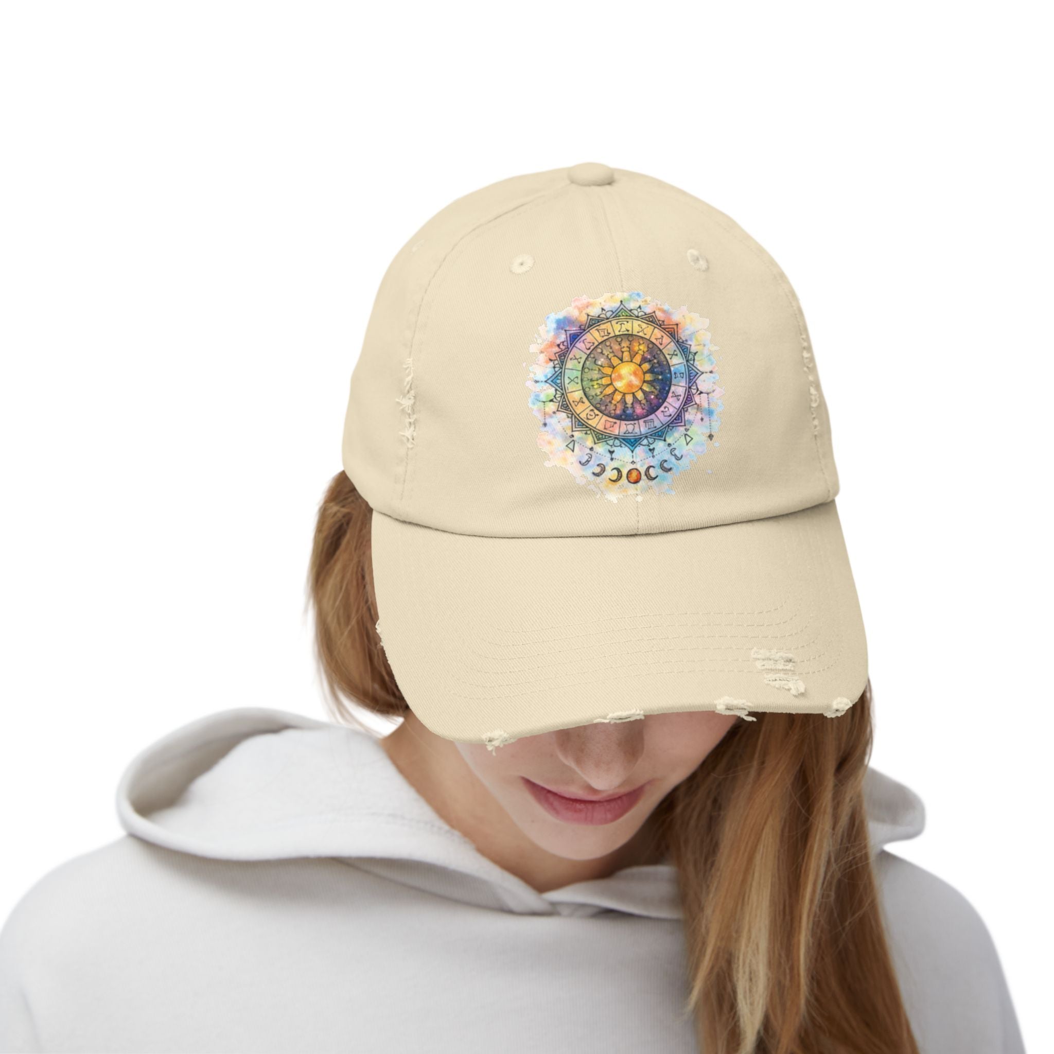 Distressed Cap — Watercolor Compass Mandala Hat